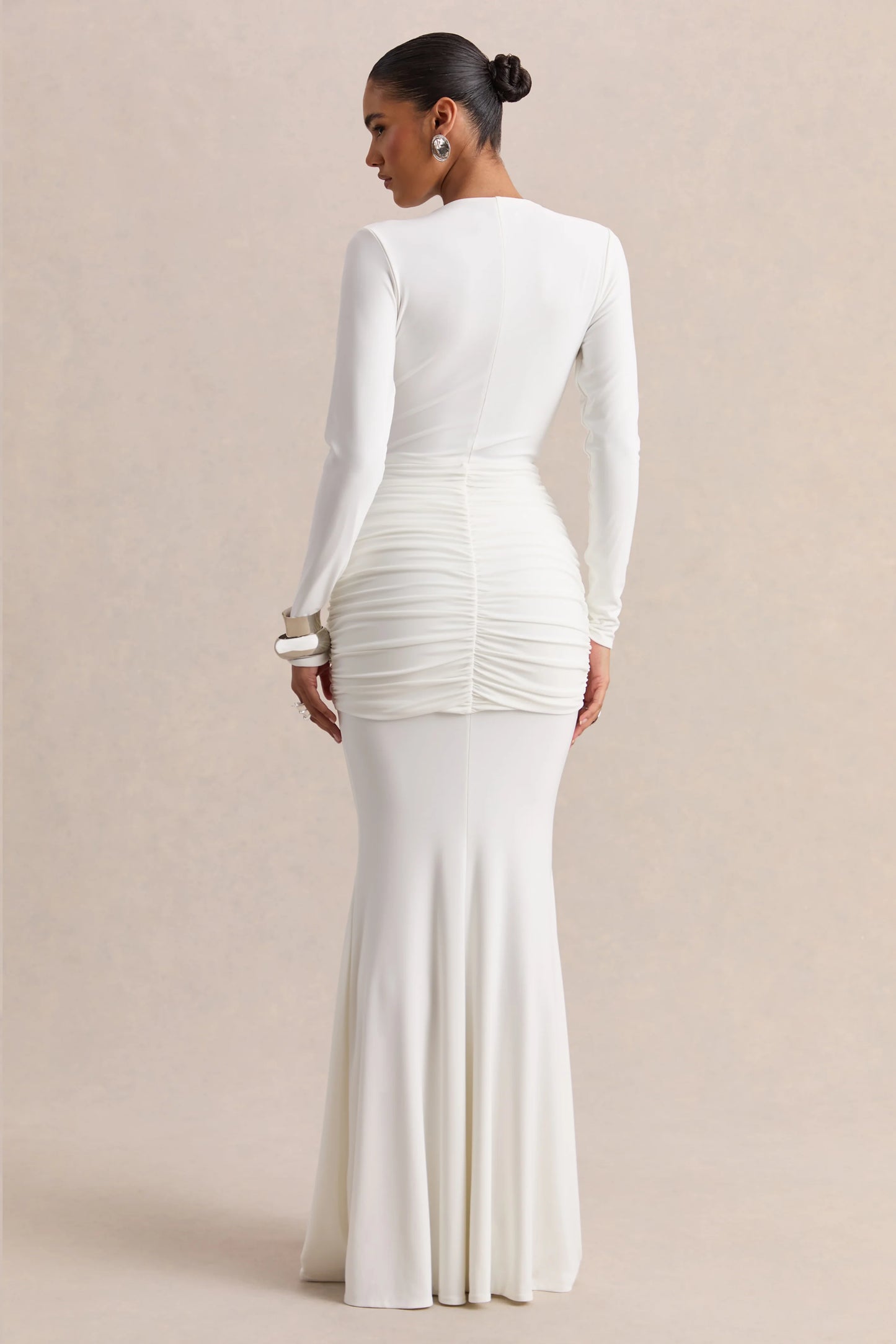 Palerma White Draped Cowl-Neck Maxi-Dress With Gathered-Detailing