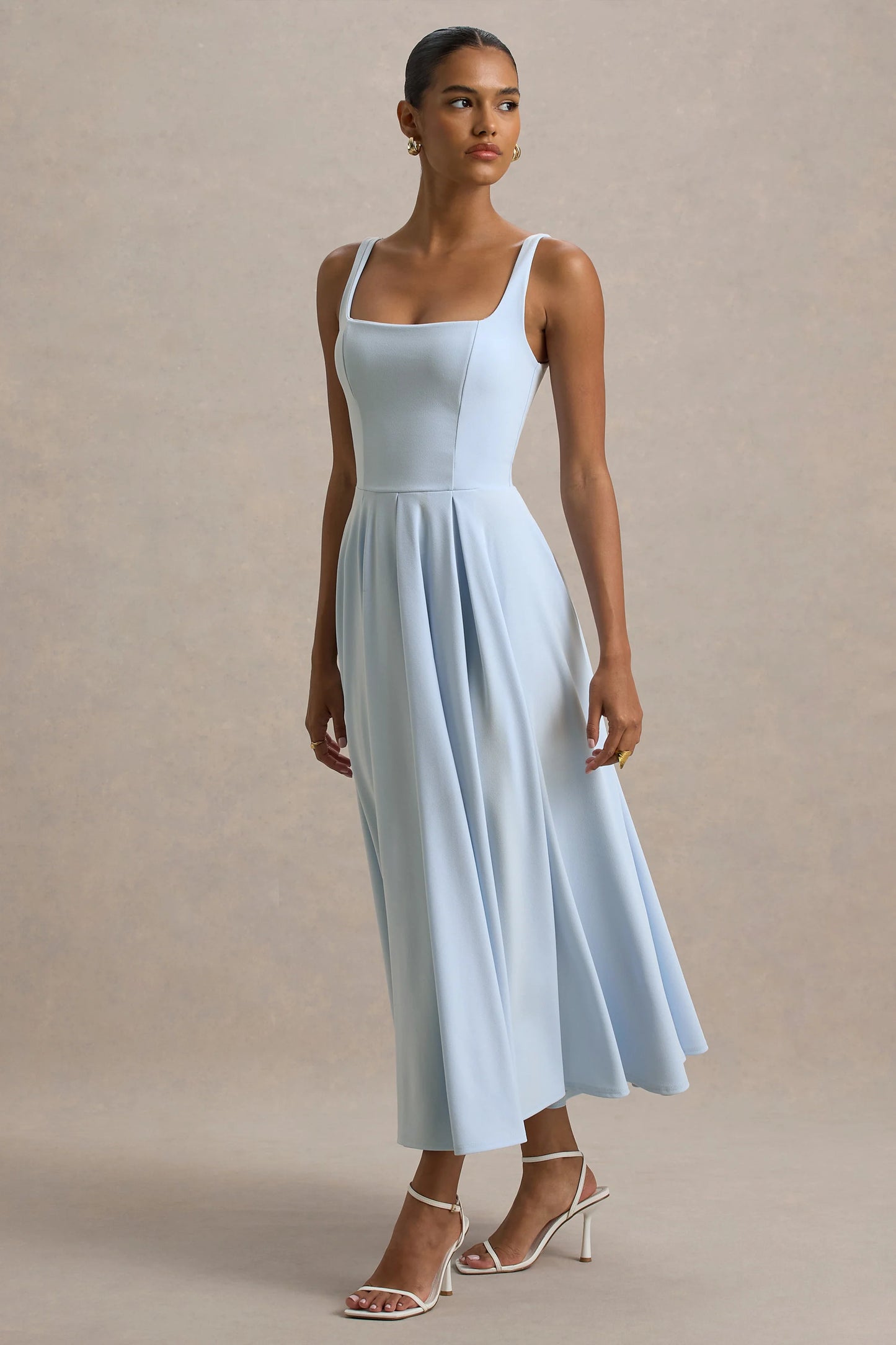 Parina Powder Blue Strappy Volume-Hem Midi Dress