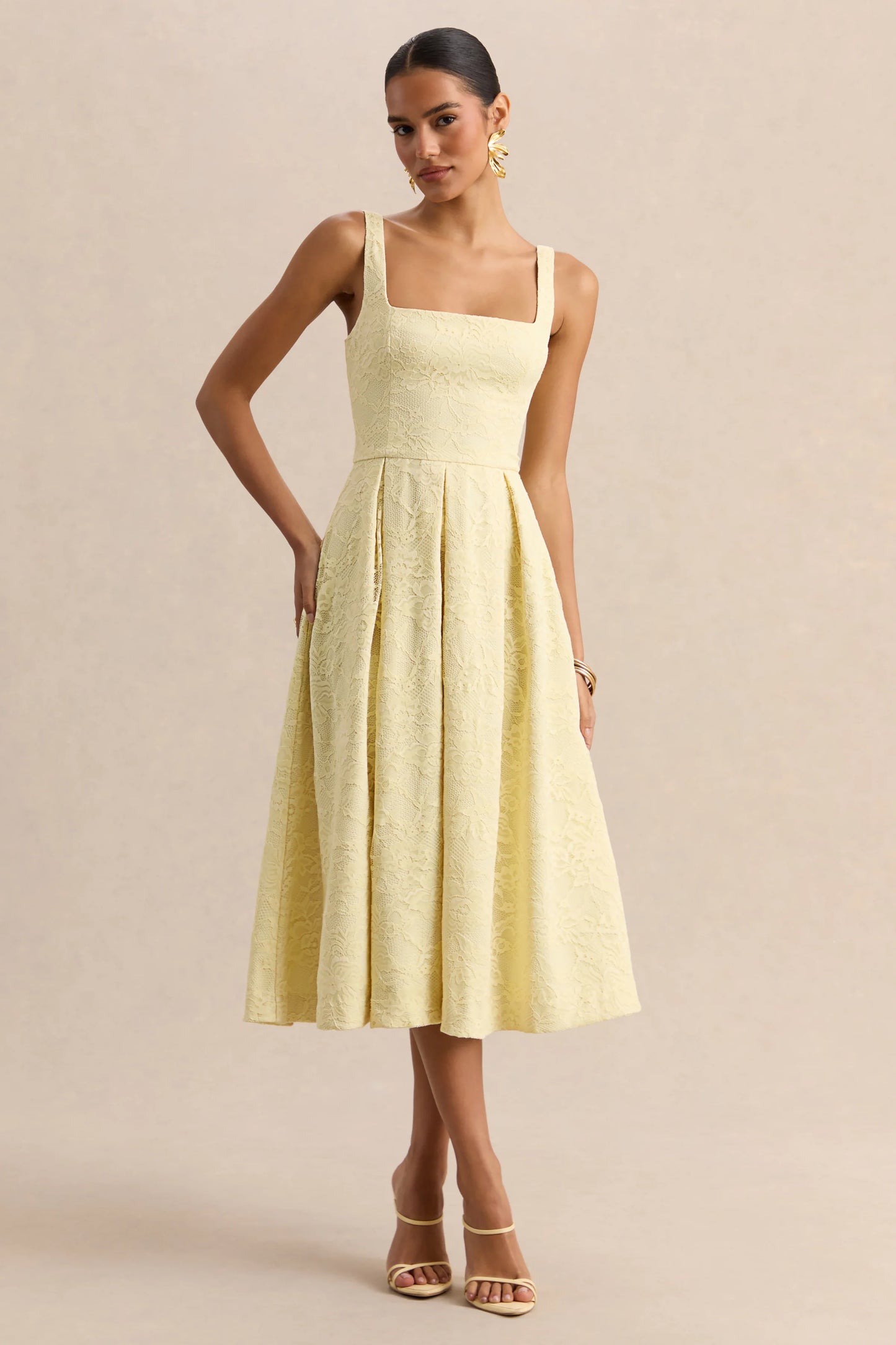 Ashmara Lemon Lace Square-Neck Midi Dress