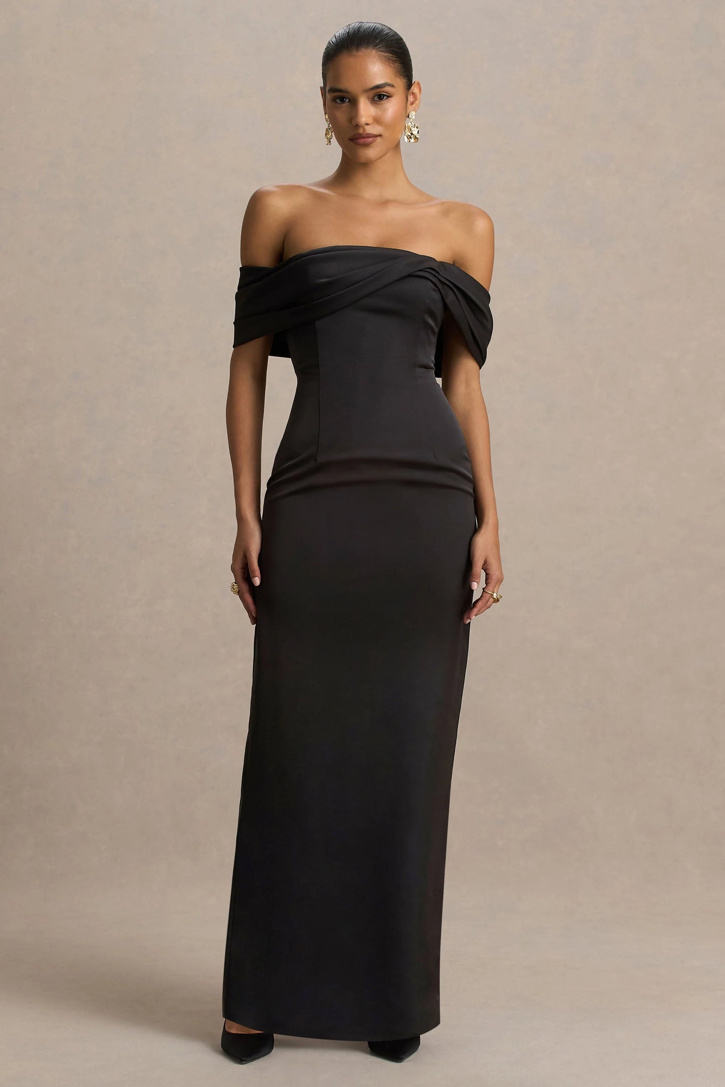 Valeria Black Satin Twist-Bardot Neck Maxi Dress