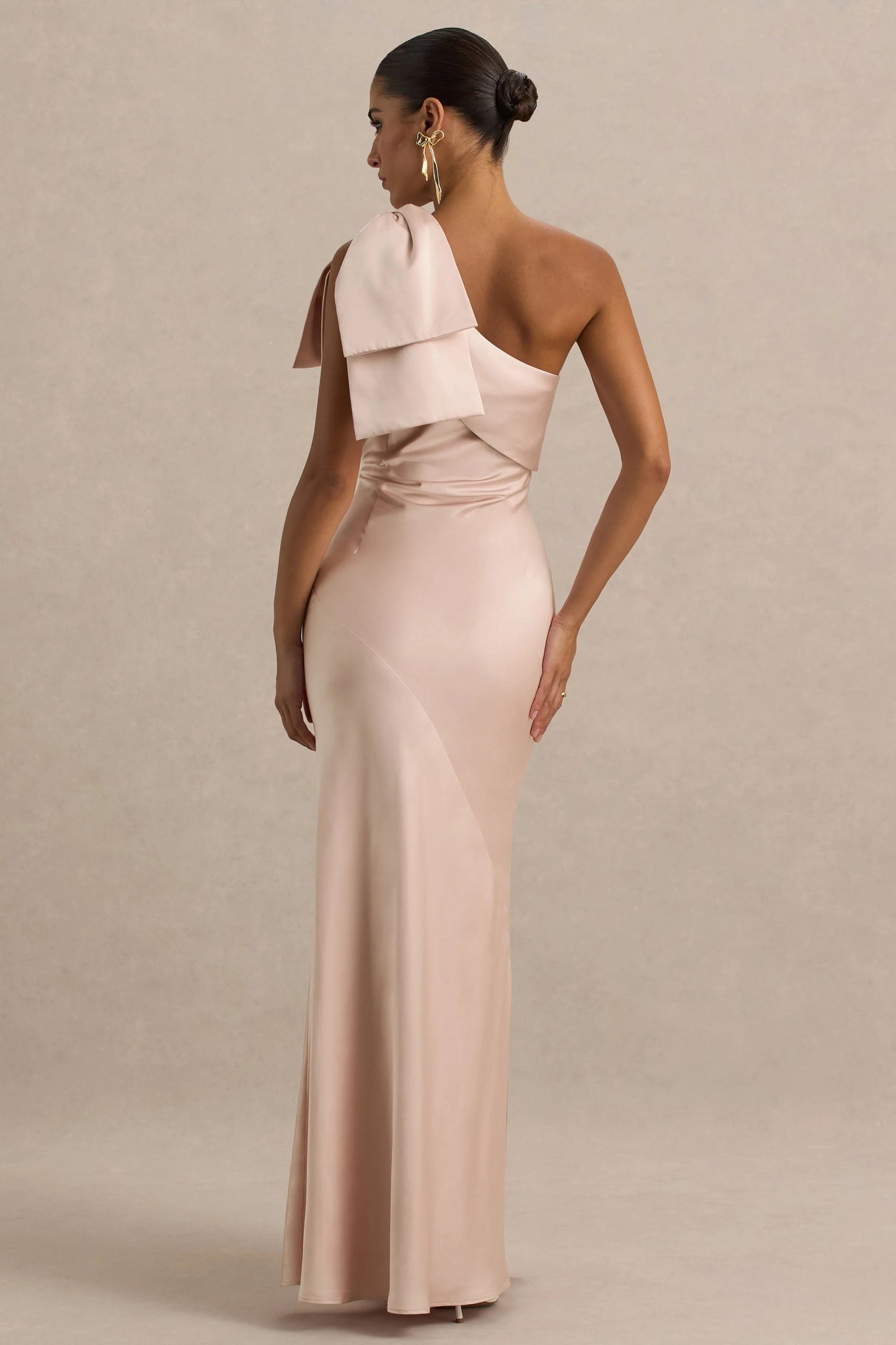 Valerie Light Pink Satin Asymmetric-Neck Maxi Dress With Bow Detail