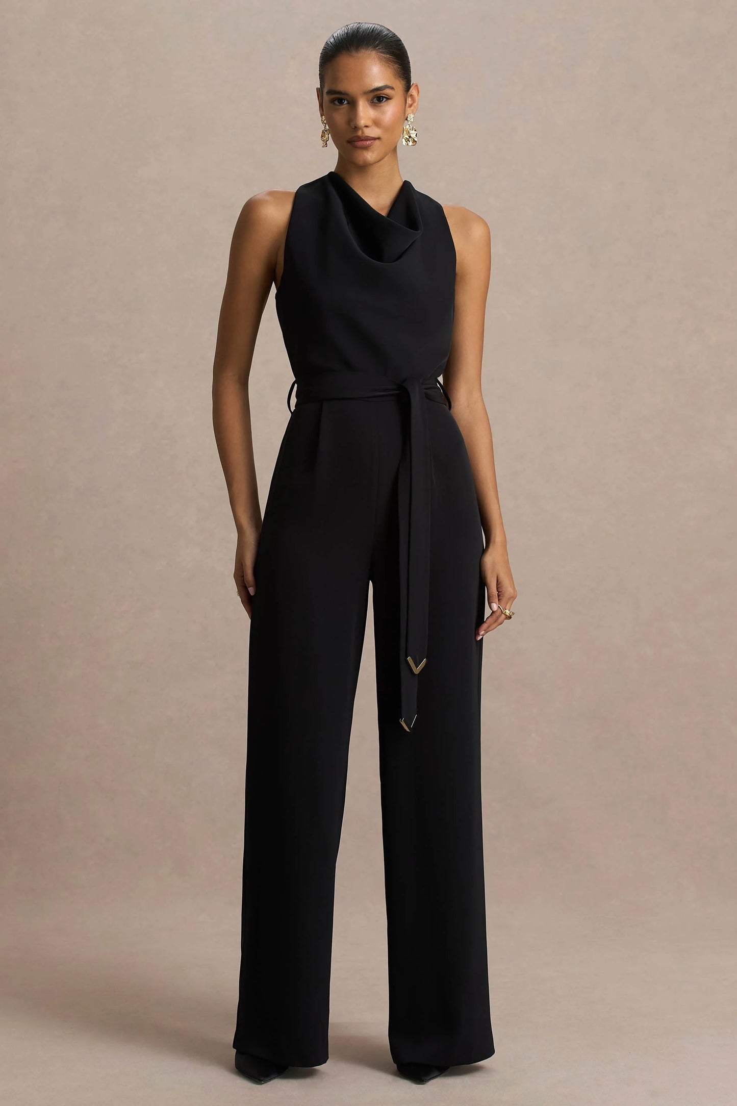 Corina Black Cowl-Neck Jumpsuit With Tie-Detail