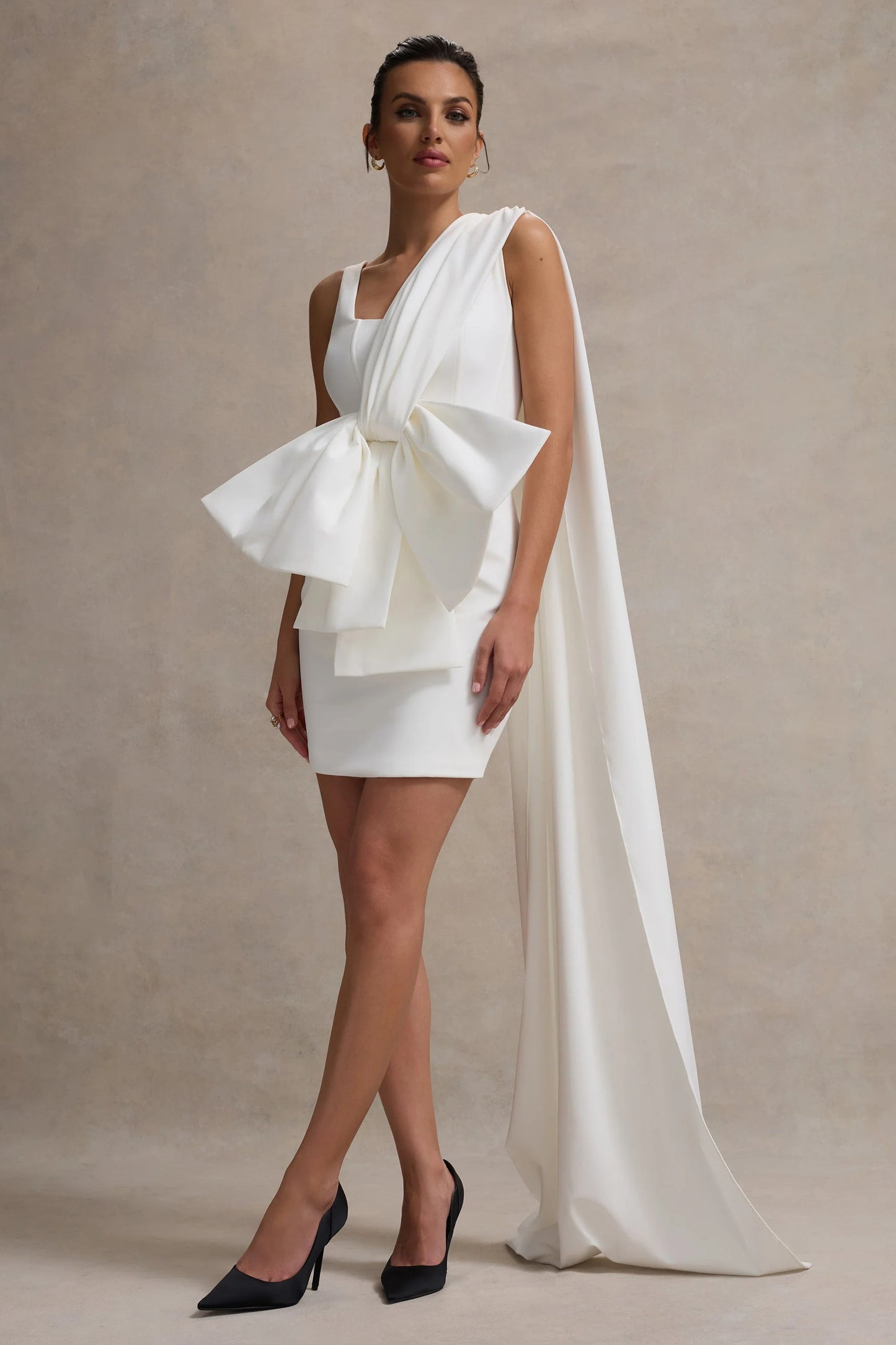 Brulee Cream Scoop-Neck Sash Mini Dress With Bow