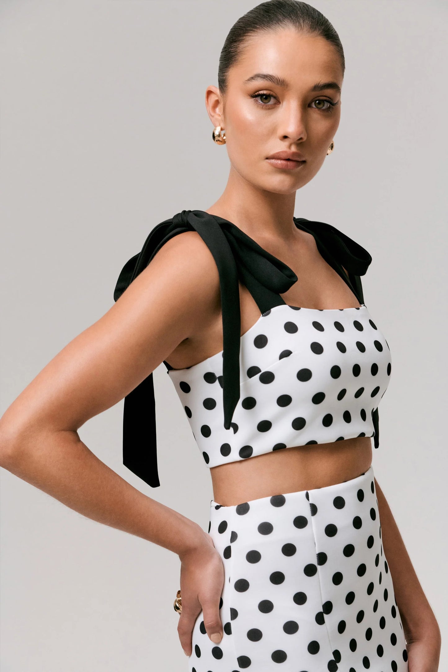Phoebe Black & White Polka Dot Crop Top With Tie Straps Tie