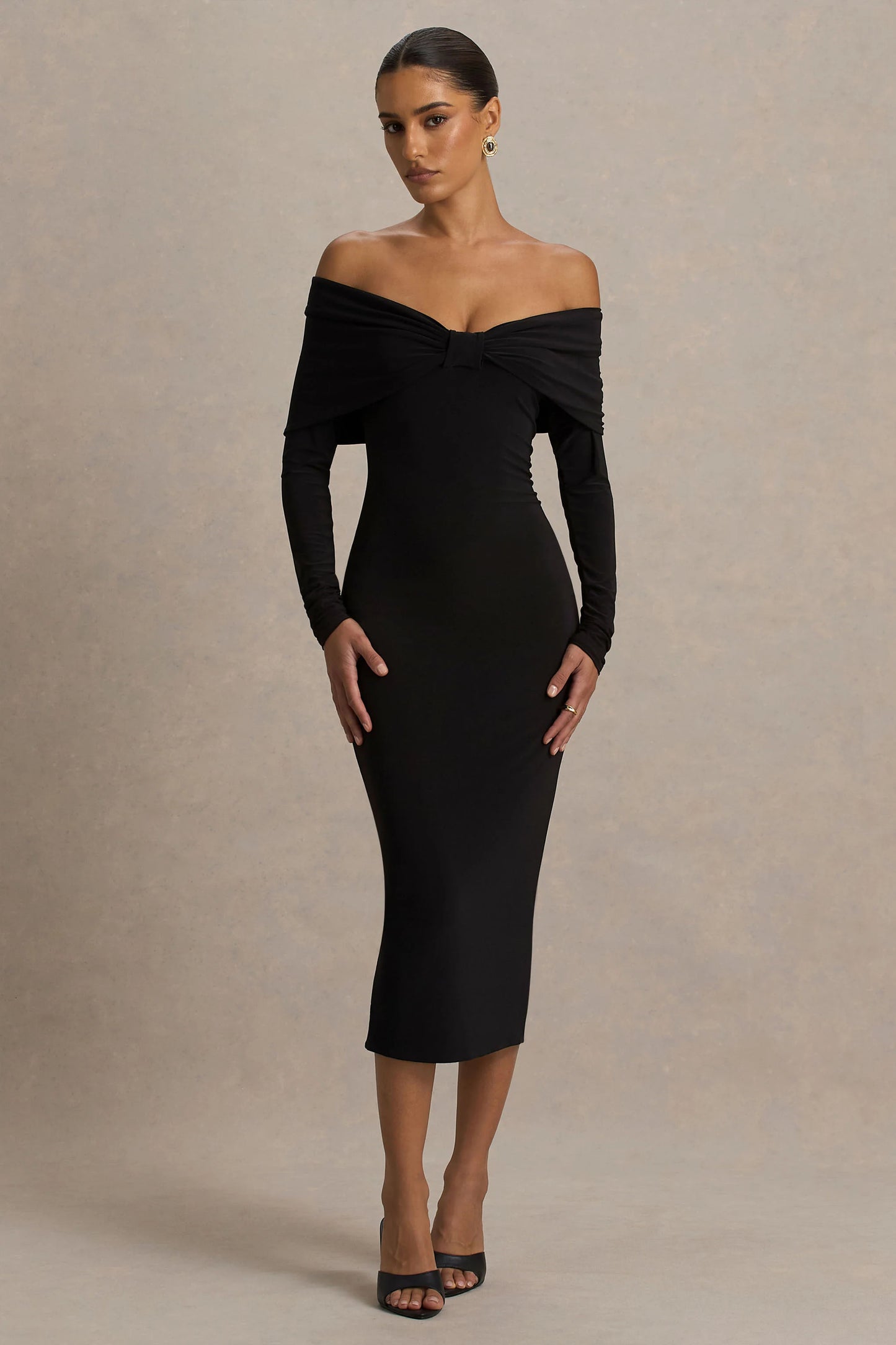 Spark Black Bardot-Neck Midi Dress With Bow Detail