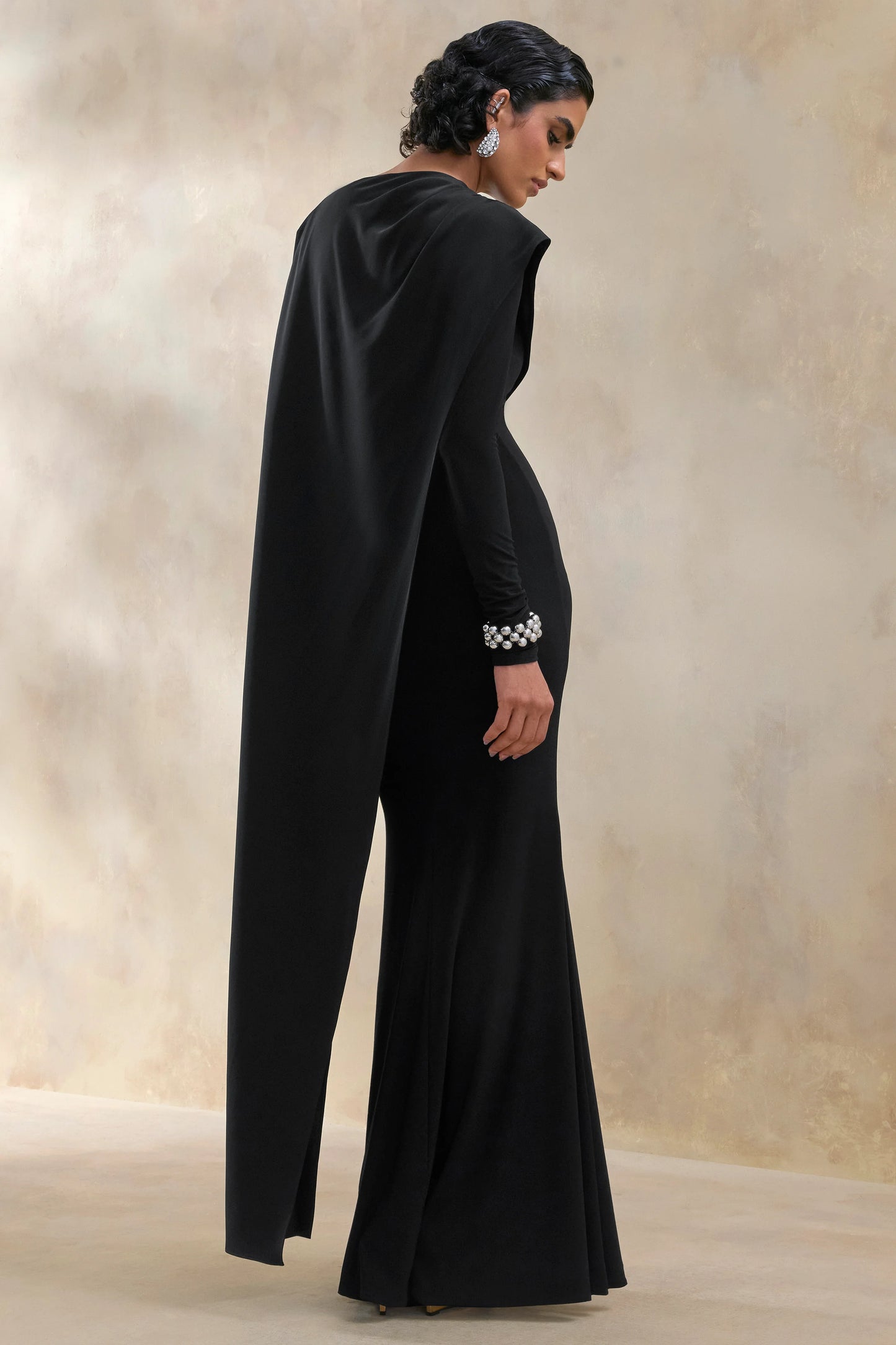 Salenne Black Wide-Neck Maxi Dress With Satin Asymmetric-Cape
