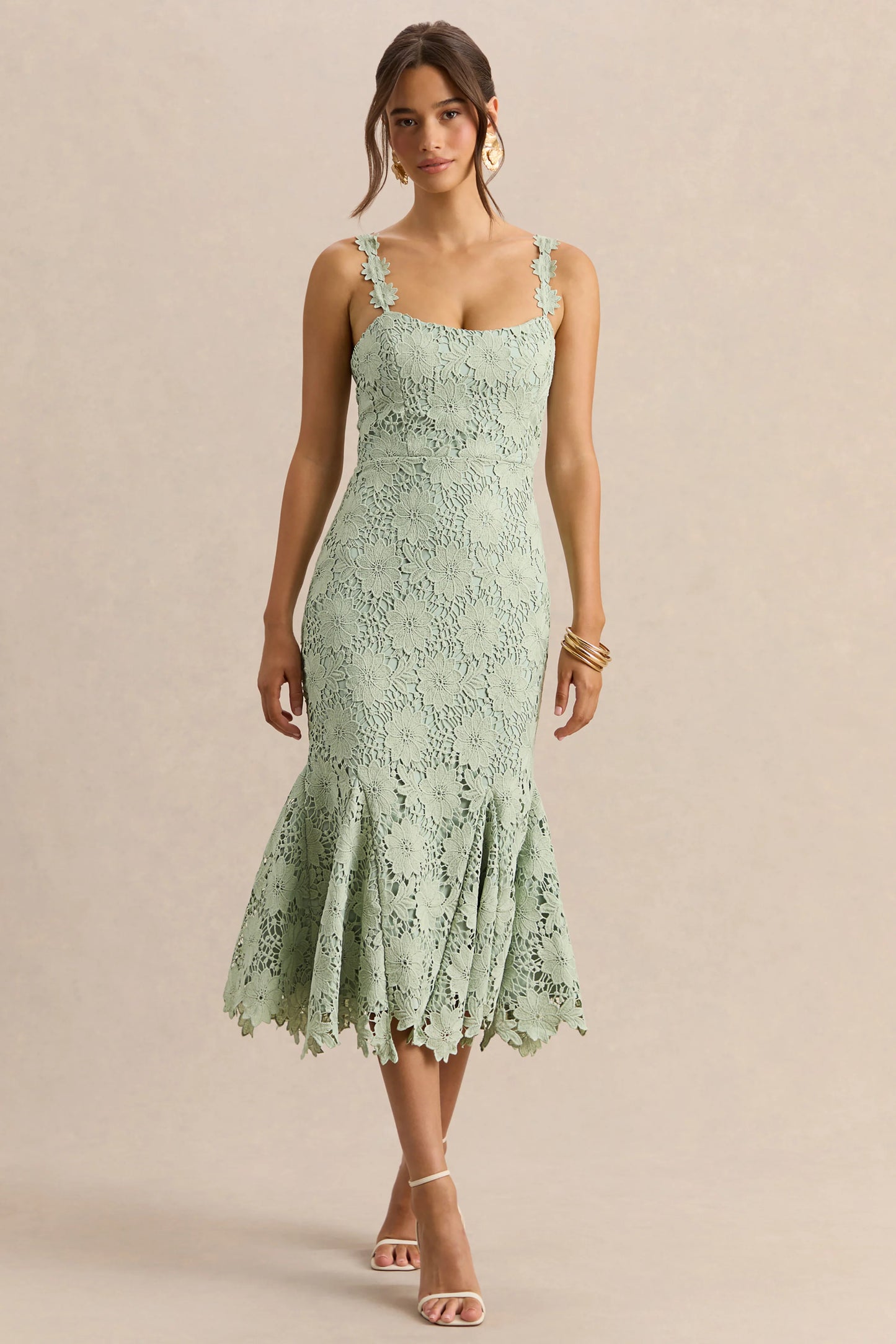 Melia Sage Lace Scoop-Neck Midi Dress