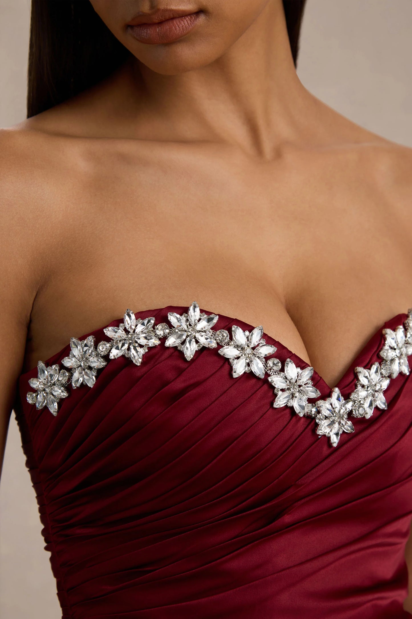Milia Burgundy Satin Hand-Embellished Strapless Corset Maxi Dress