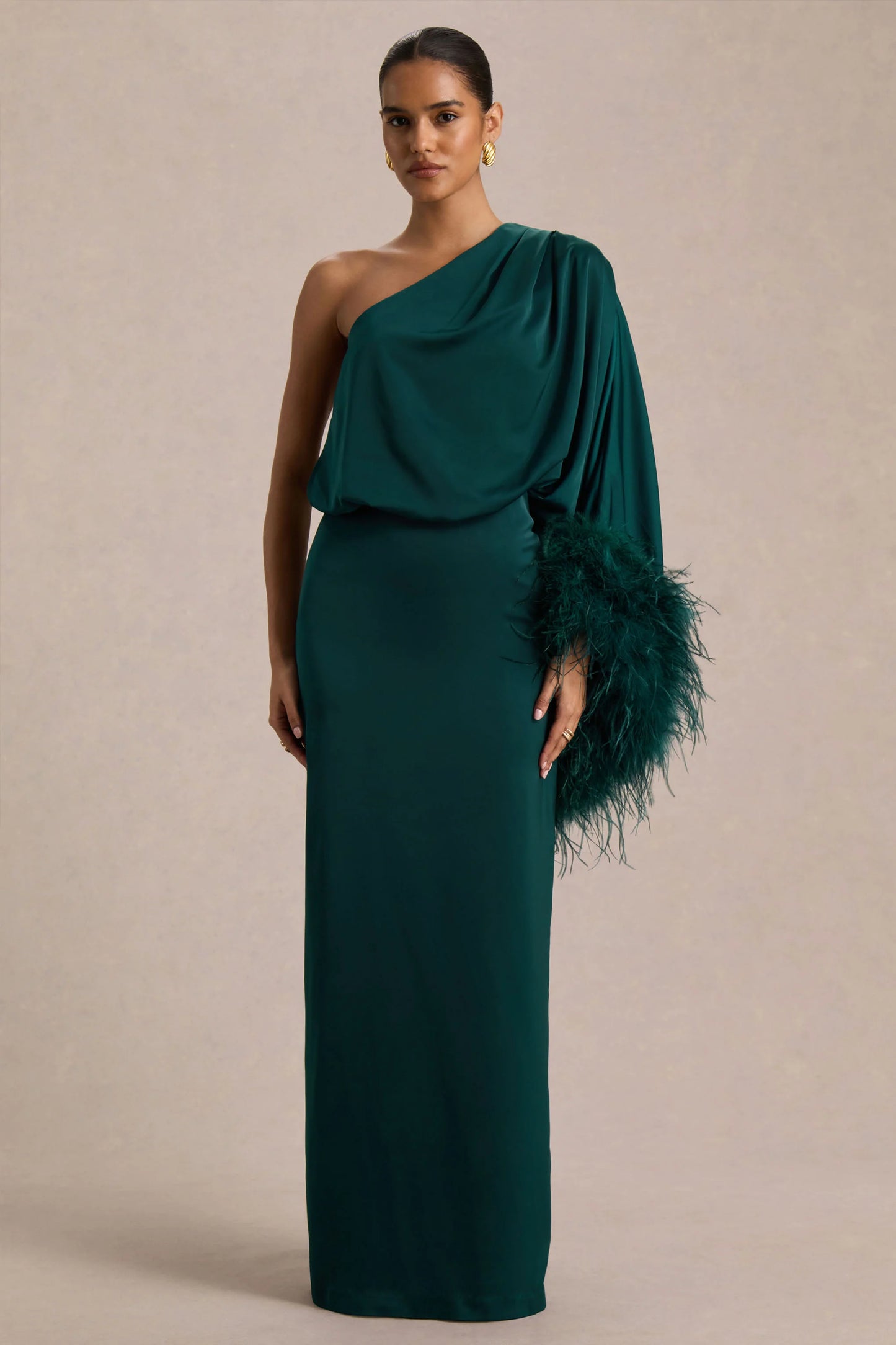 Felicity Teal Satin Asymmetric-Neck Maxi Dress With Feather Detailing