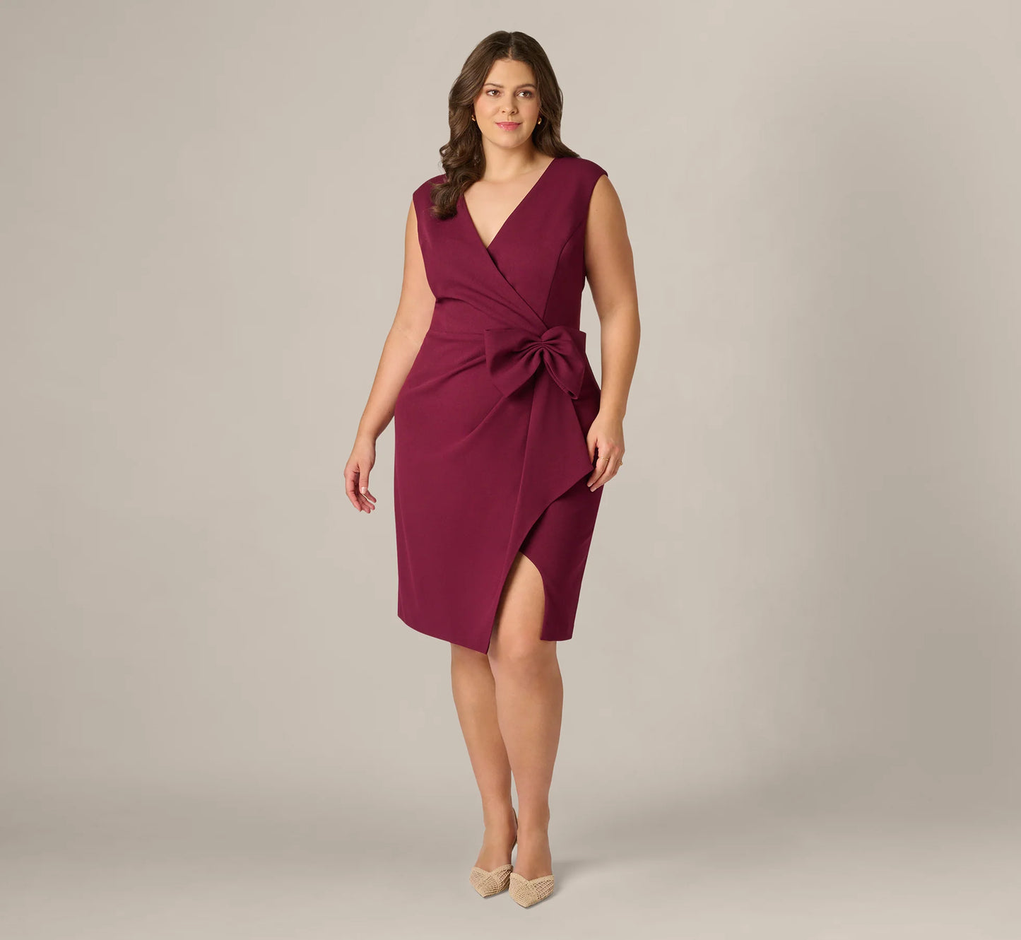 Plus Size Bow Accent Stretch Wrap Dress In Cabernet