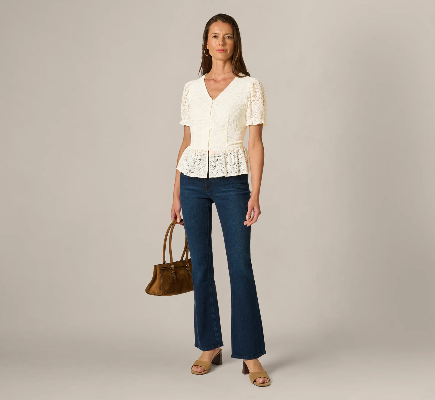 Puff Sleeve Lace Ruffle Peplum Top In Ivory