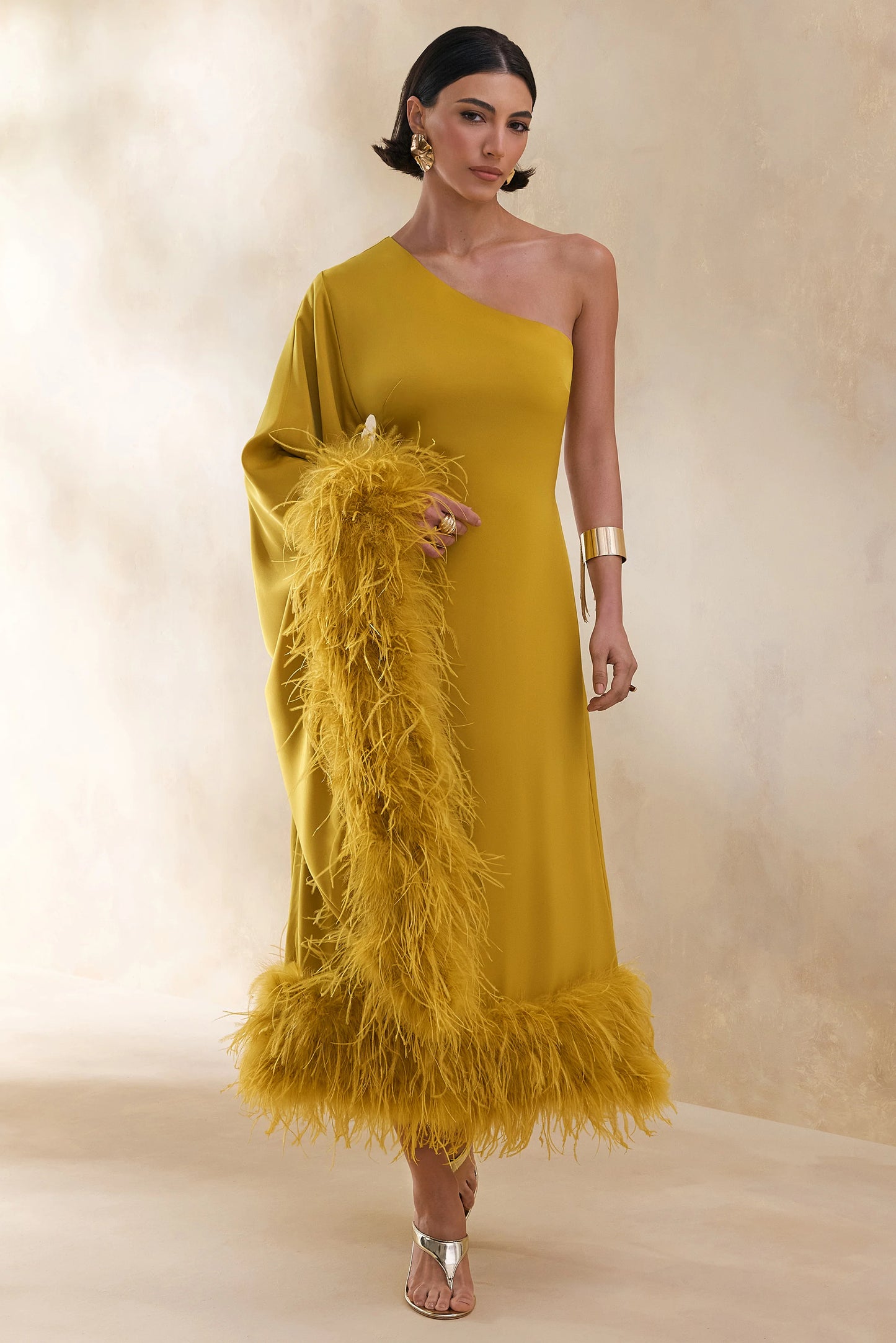 Destiny Yellow Satin Asymmetric-Neck Midi Dress With Feather Details