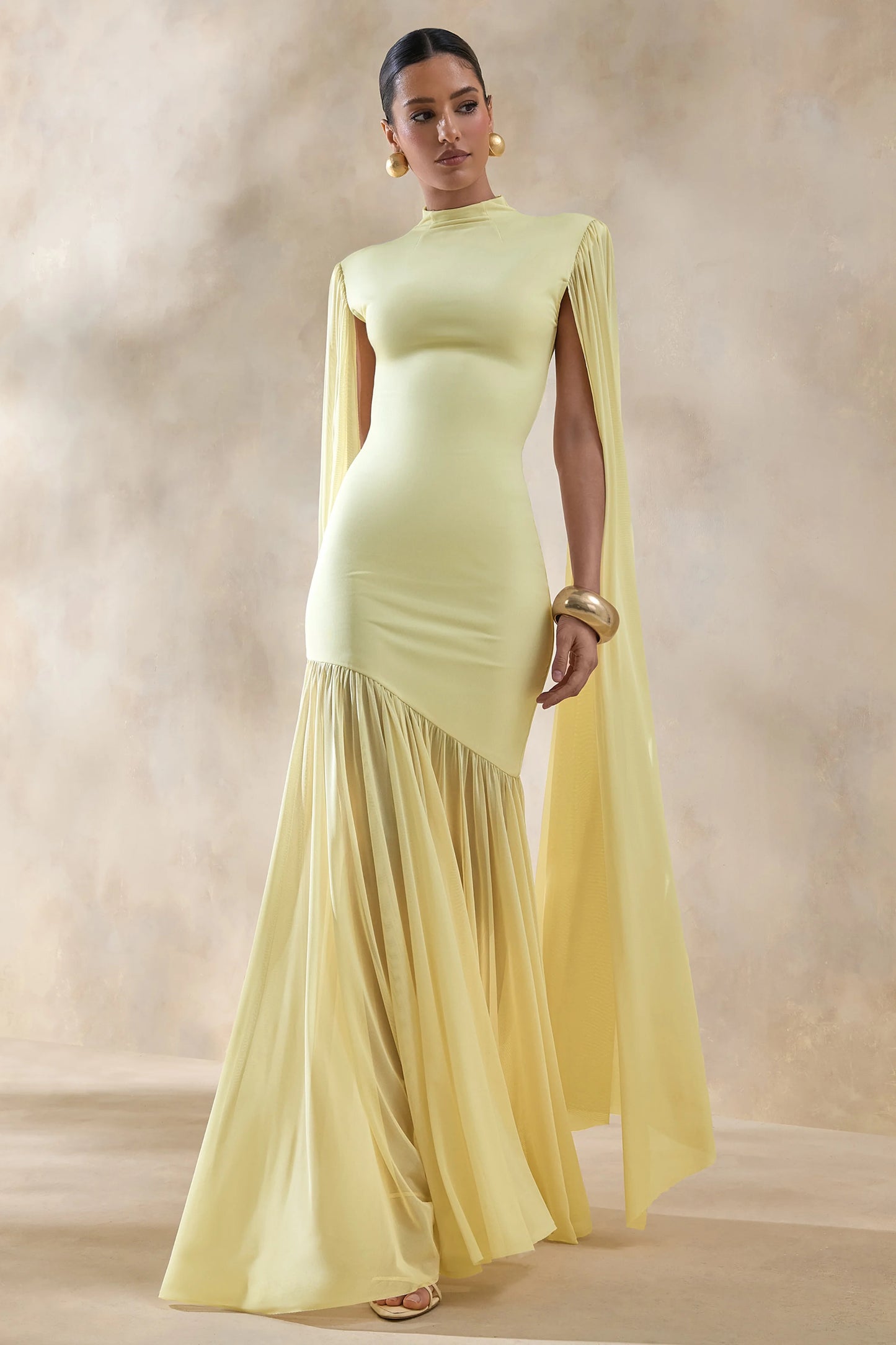 Chantelle Lemon High-Neck Maxi Dress With Drop-Waist And Cape-Sleeves
