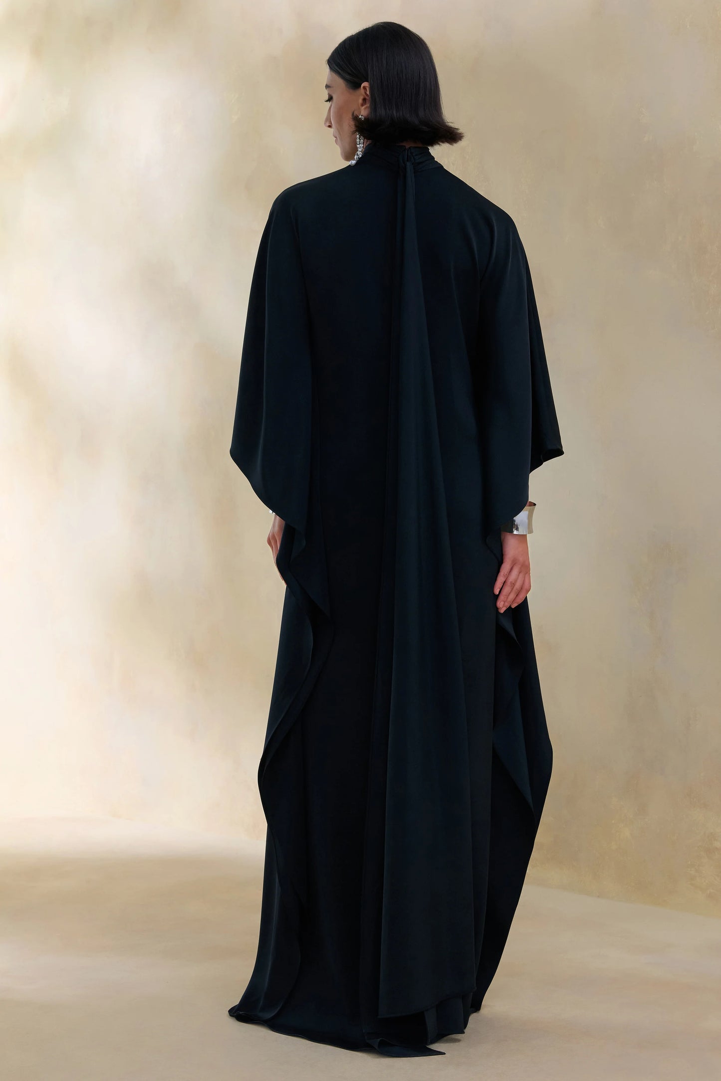 Lumisette Black Satin High-Neck Maxi Dress With Cape