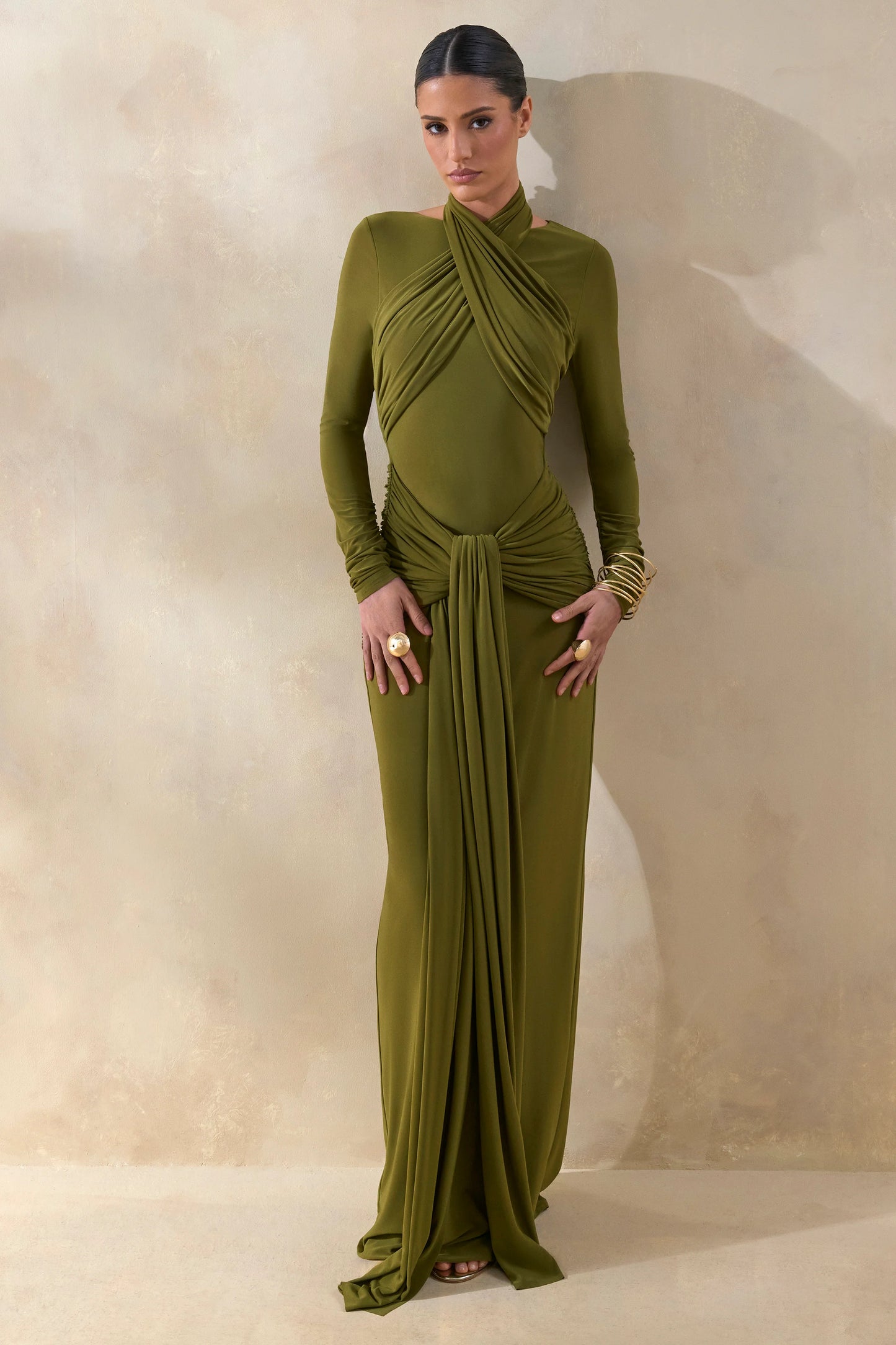 Linessa Olive High-Neck Maxi Dress With Sash And Gathered-Detailing
