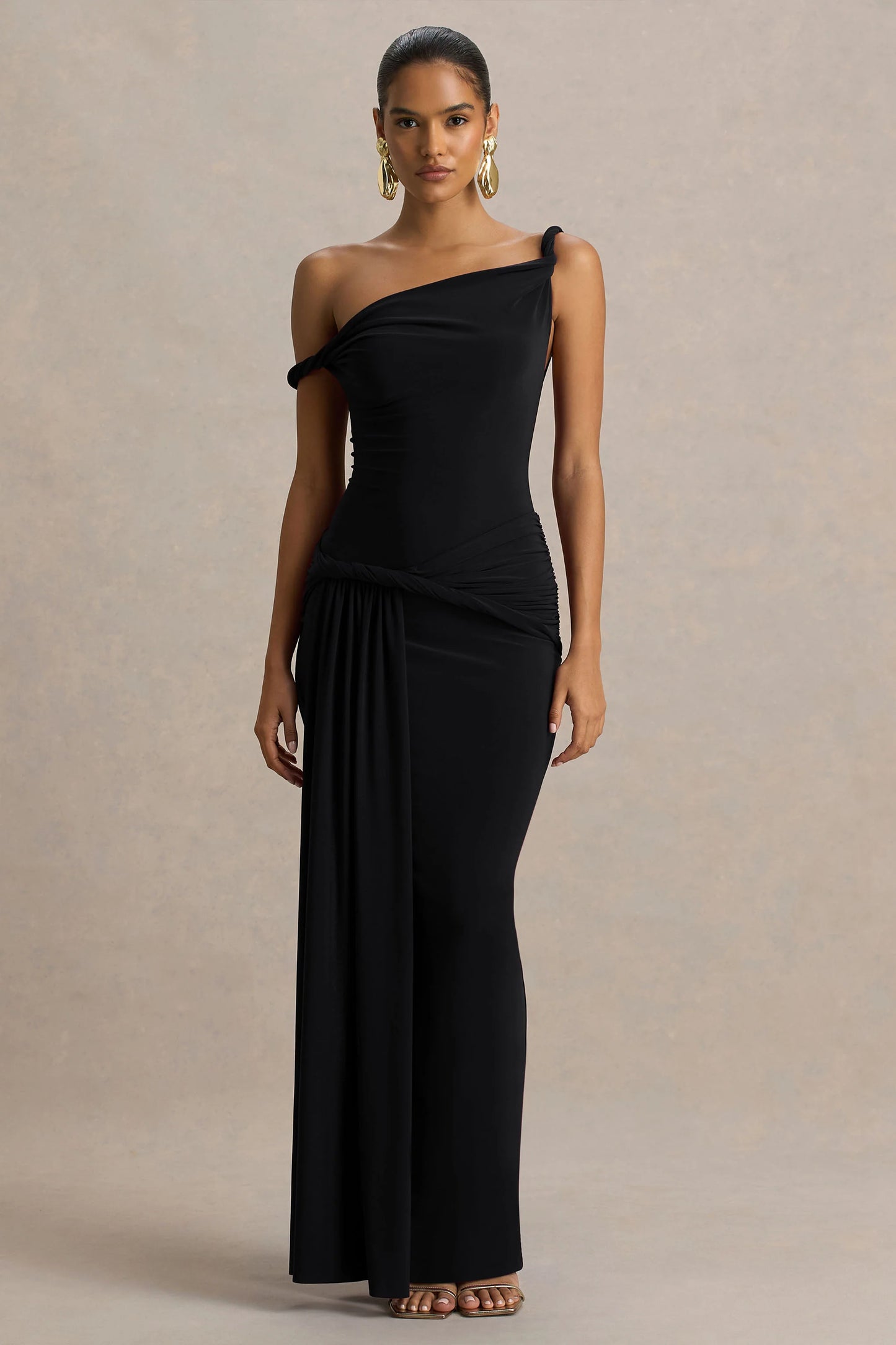 Tulisa Black Asymmetric-Neck Maxi Dress With Twist Sleeves And Ruched Detailing