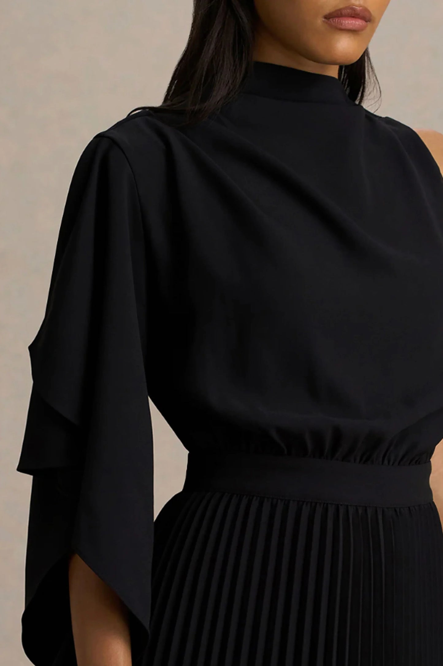 Jimena Black High-Neck Midi Dress With One-Long Sleeve And Pleated Detailing