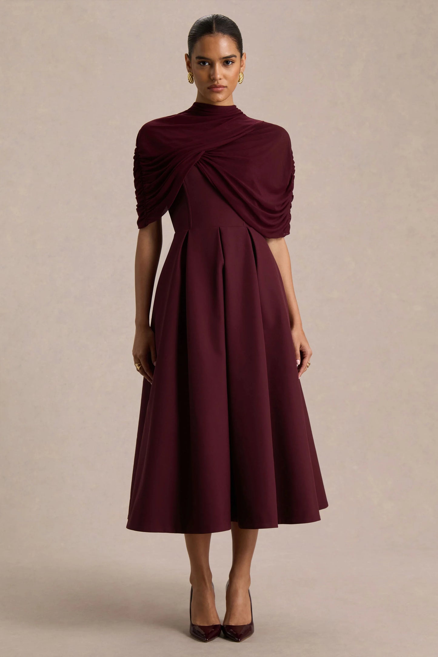 Thalia Burgundy High-Neck Midi Dress With Sheer Mesh Cape