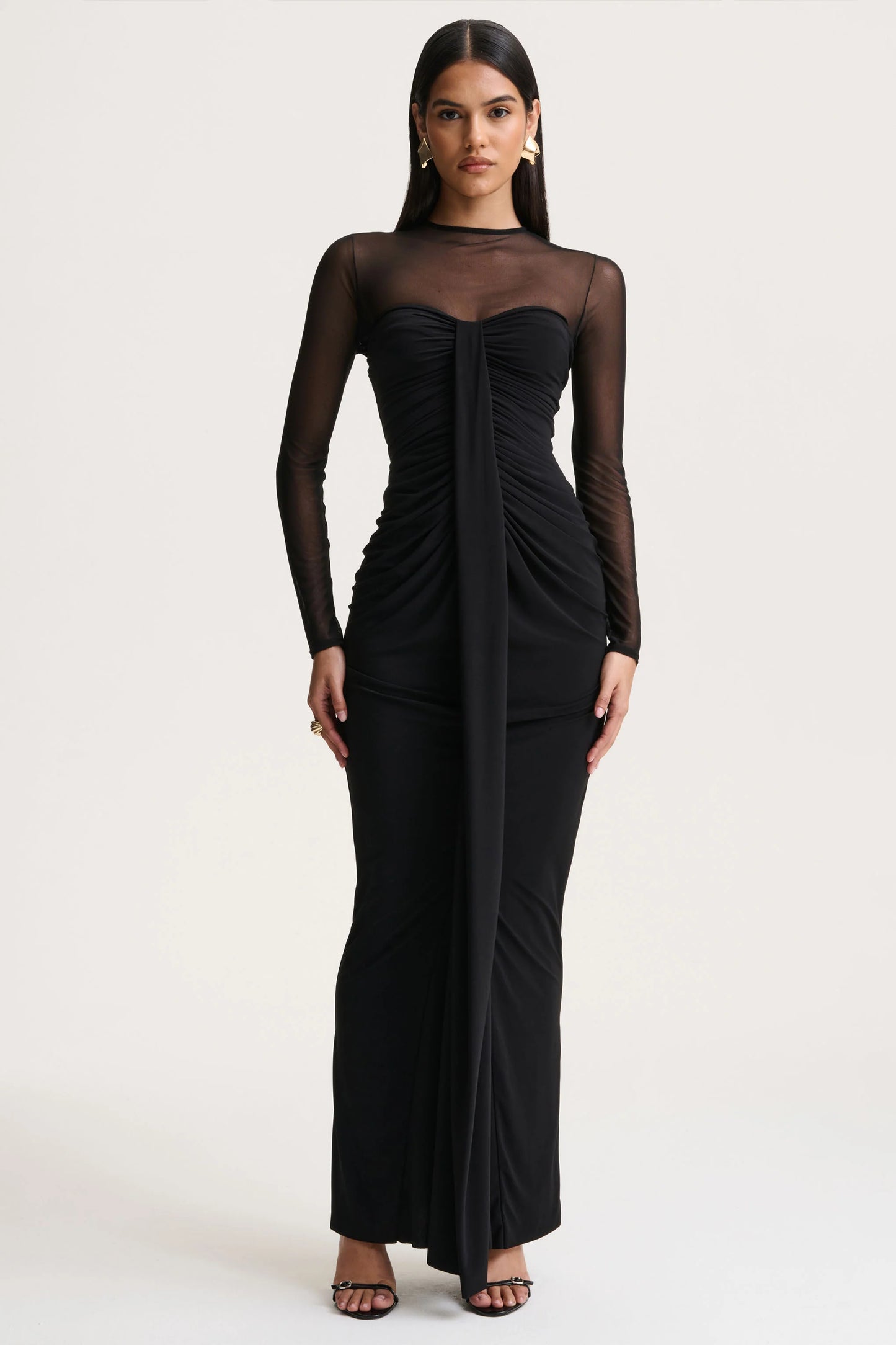 Cadenza Black Crew-Neck Maxi Dress With Mesh And Gathered-Detailing