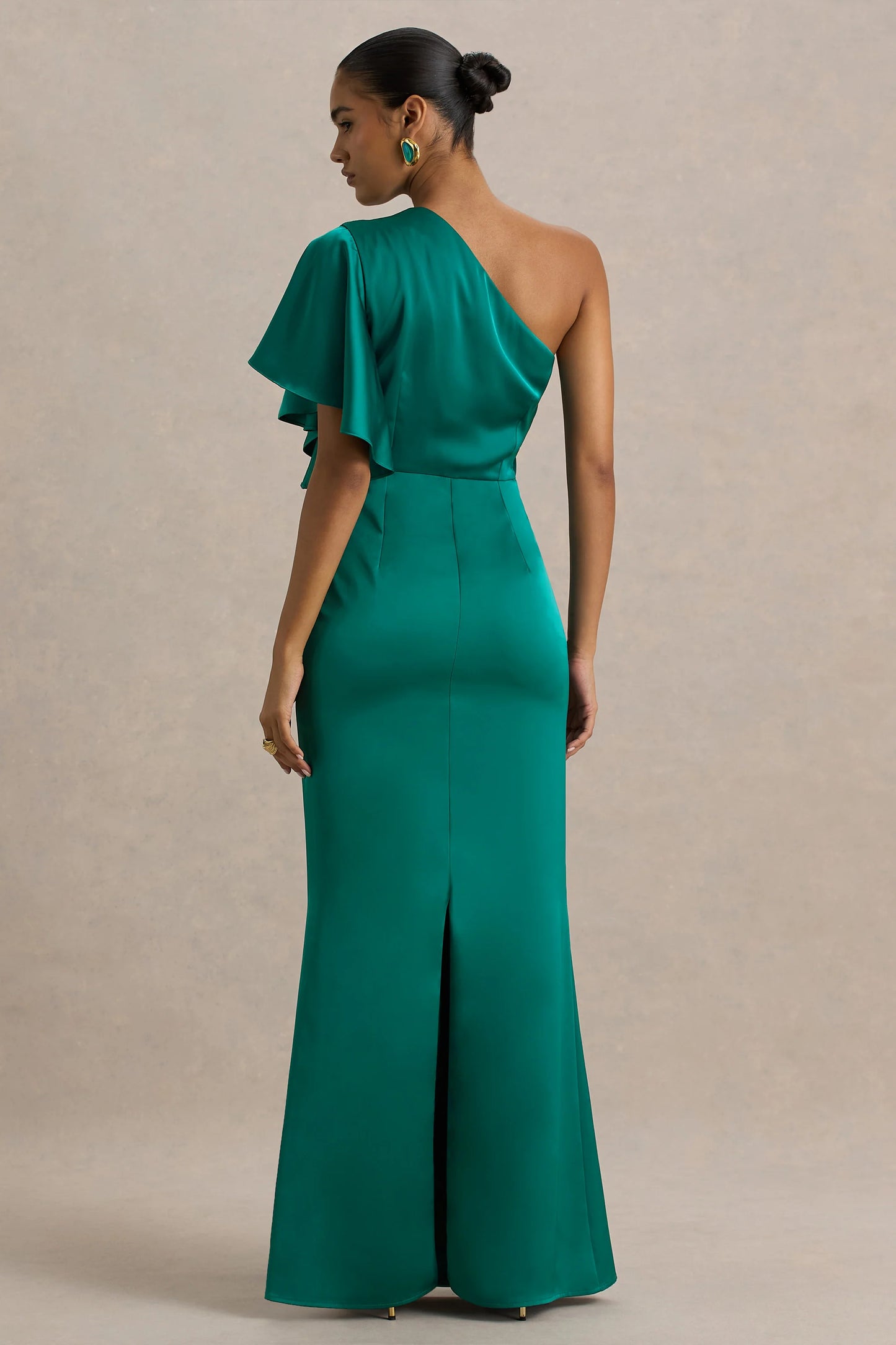 Unforgettable Bottle Green Asymmetric-Neck Maxi Dress With Ruffled Detailing