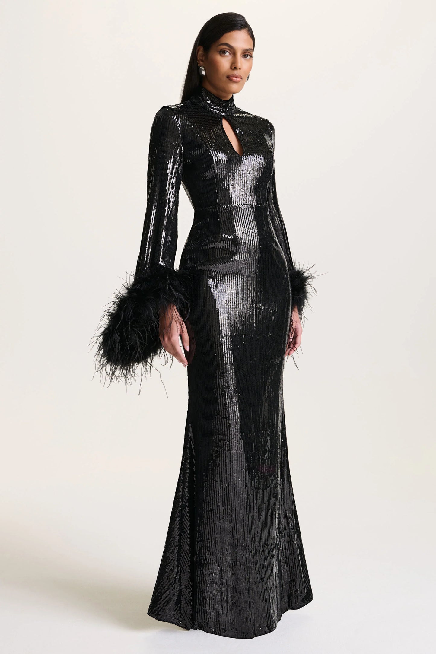 Cosmic Star Black Sequin High-Neck Maxi Dress With Feather Cuffs