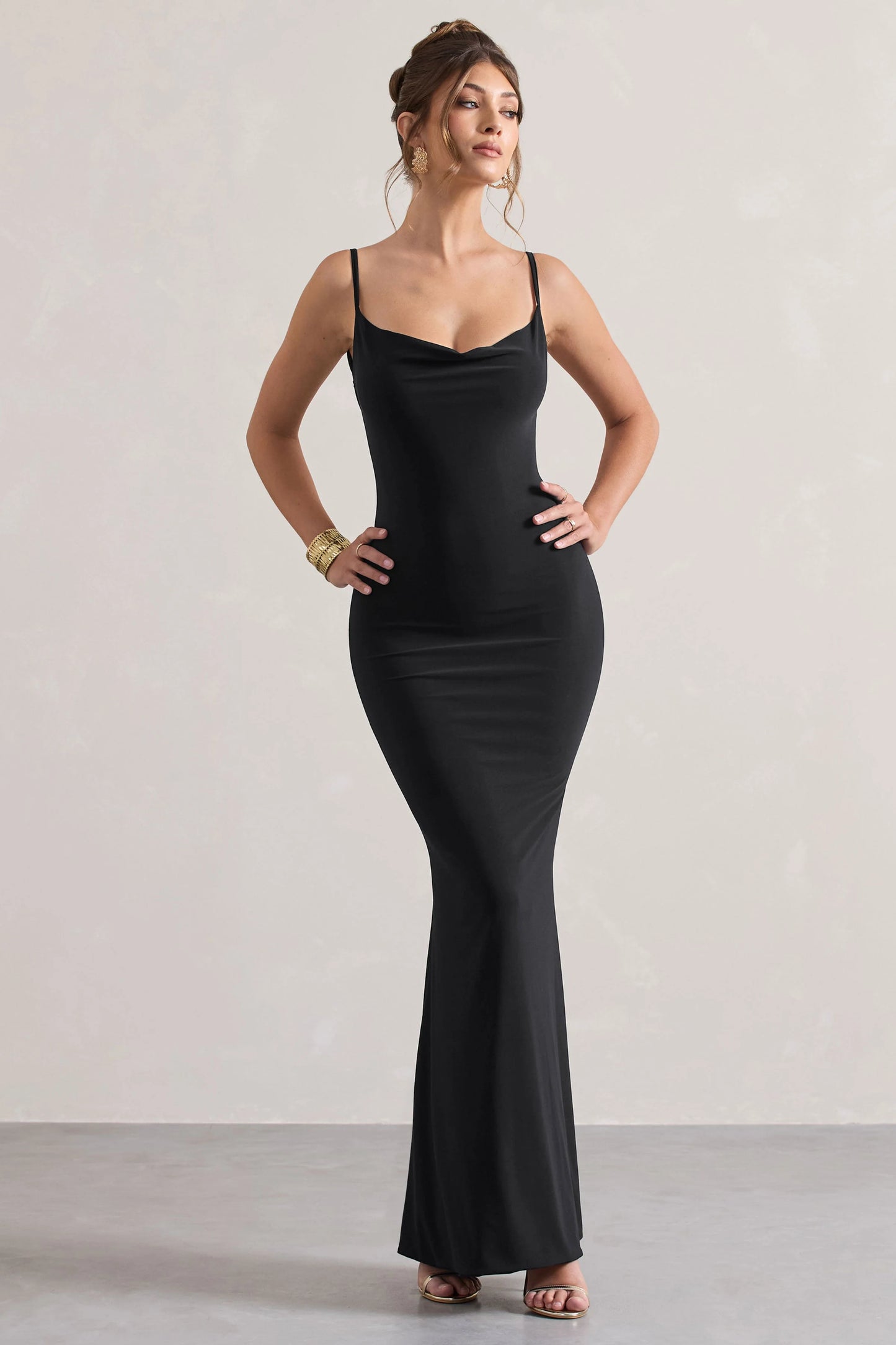 Francoise Black Cowl Neck Backless Maxi Dress With Lace Insert