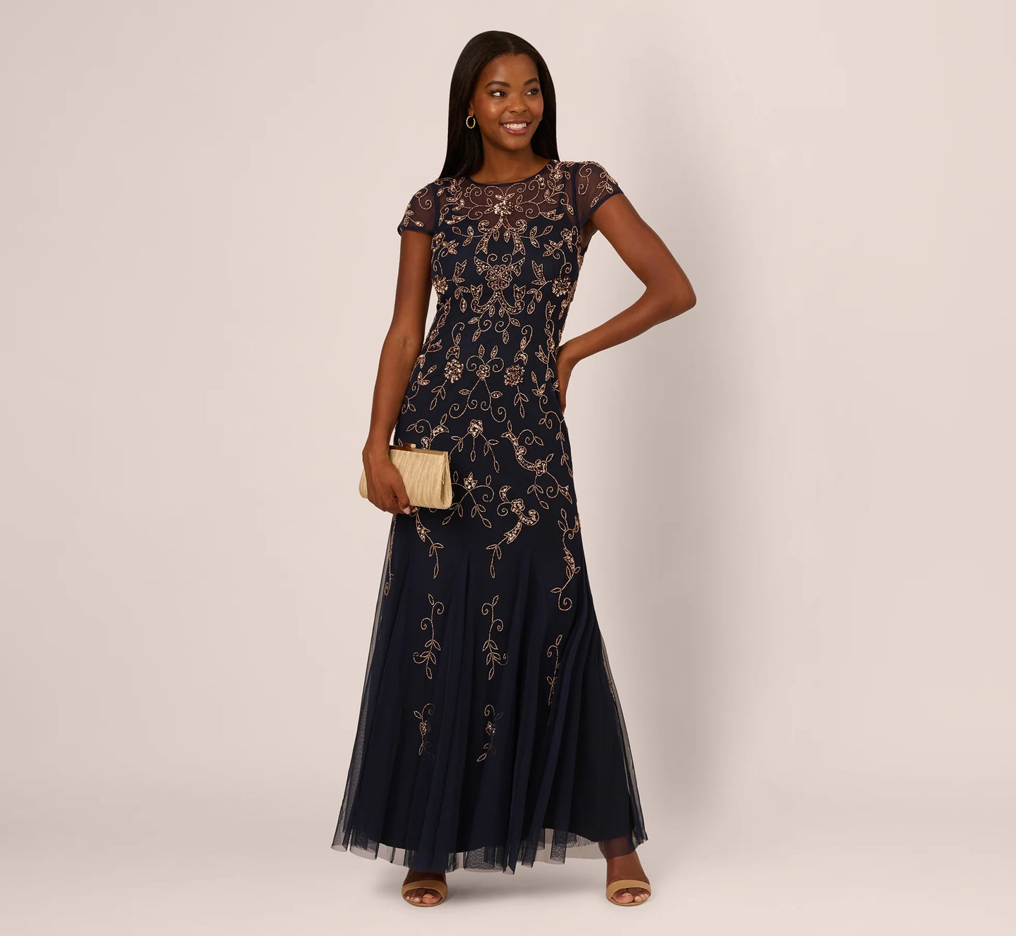 Floral Beaded Godet Gown With Sheer Neck And Short Sleeves In Navy Rosegold