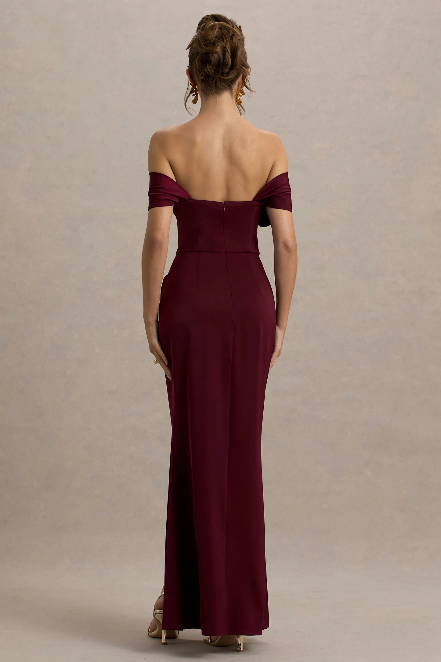 Annie Burgundy Satin Bardot Maxi Dress With Split Wrap Skirt