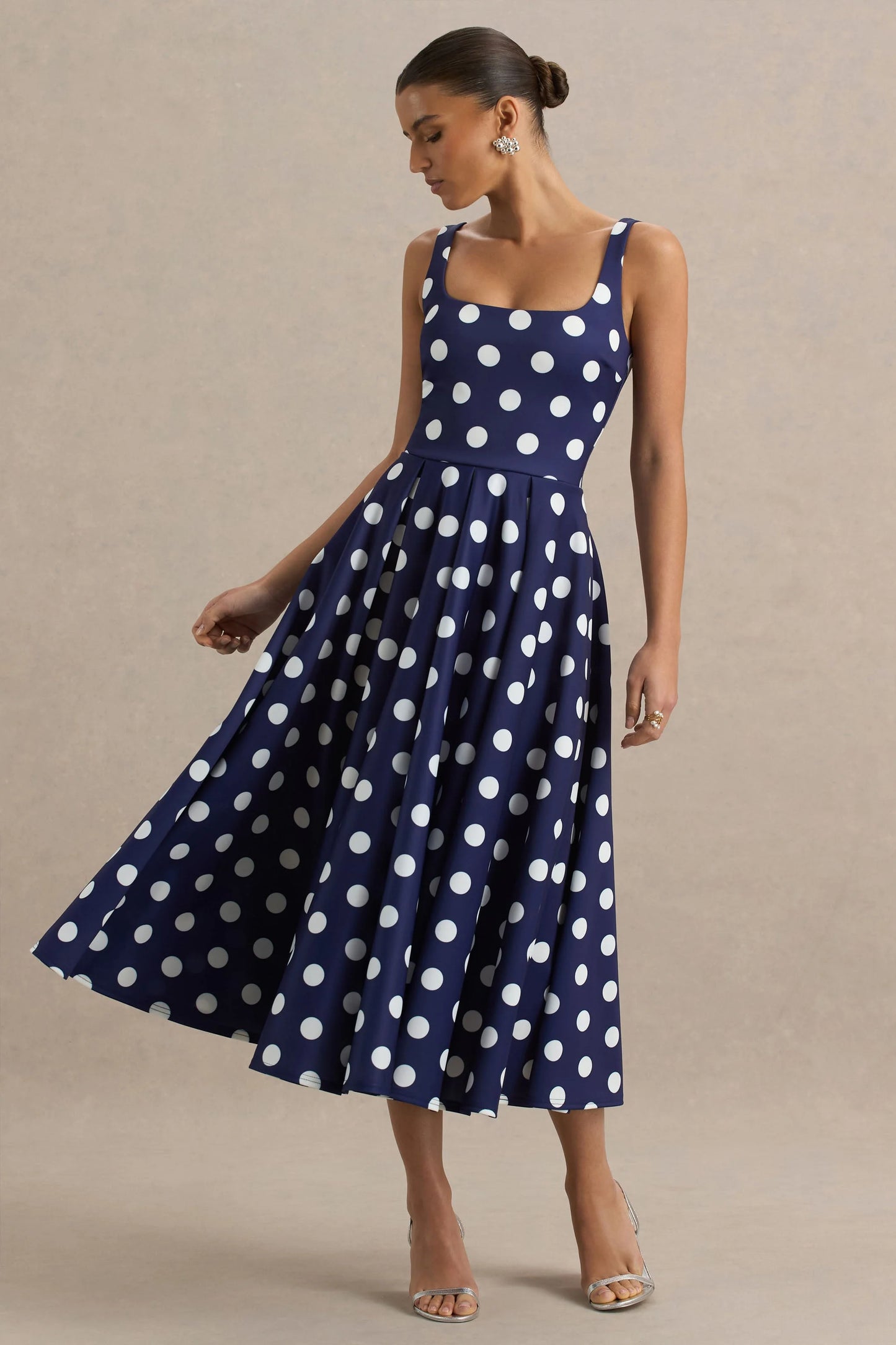 Berta Navy And White Polka-Dot Square-Neck Midi Dress