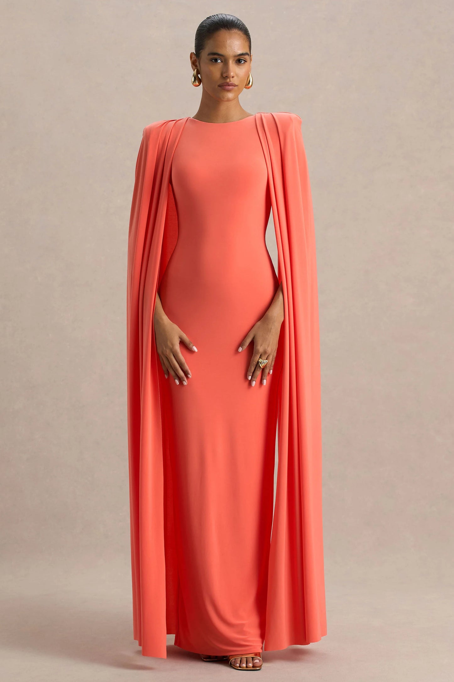 Mimi Coral High-Neck Maxi Dress With Cape Sleeve Detail