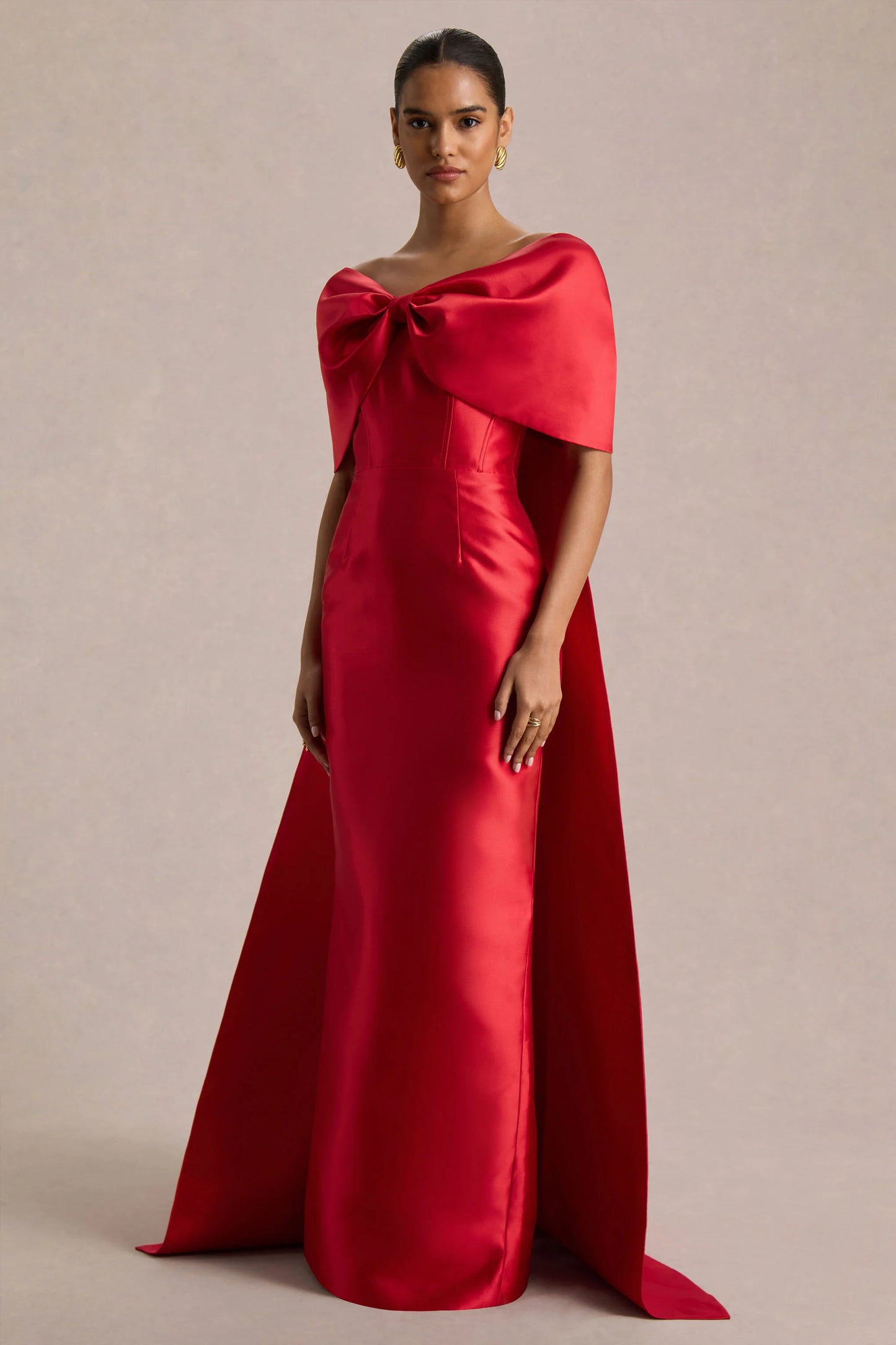 Wanting More Red Satin Cape Maxi Dress With Oversized Bow