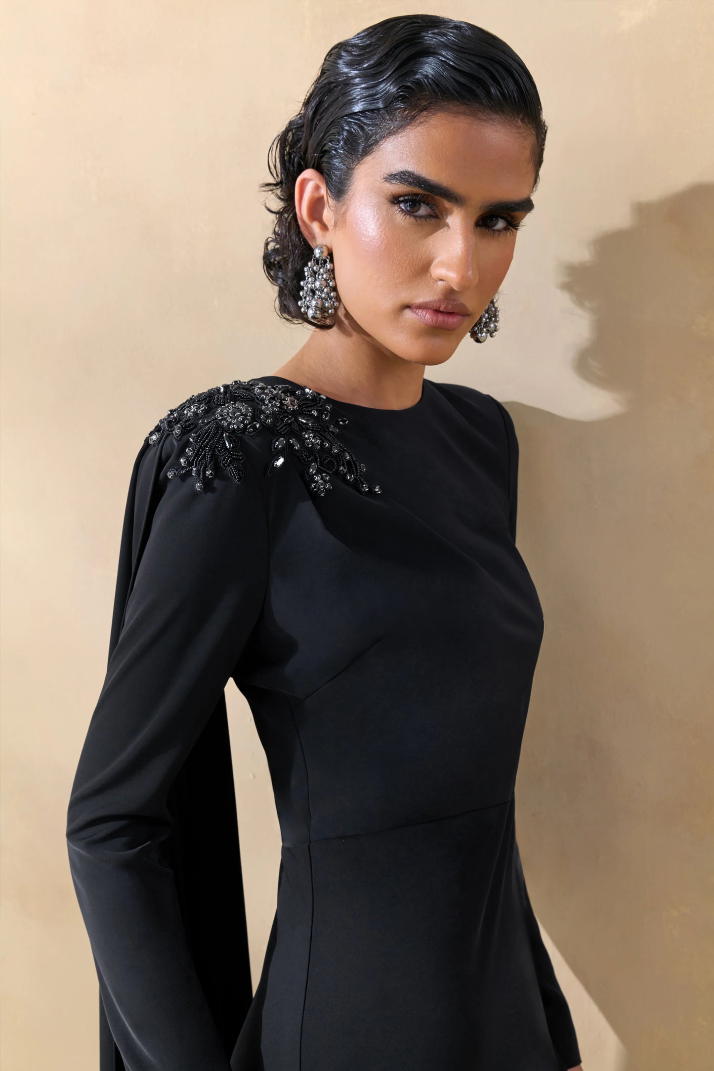 Reese Black High-Neck Maxi Dress With Embellished Detail and Sash