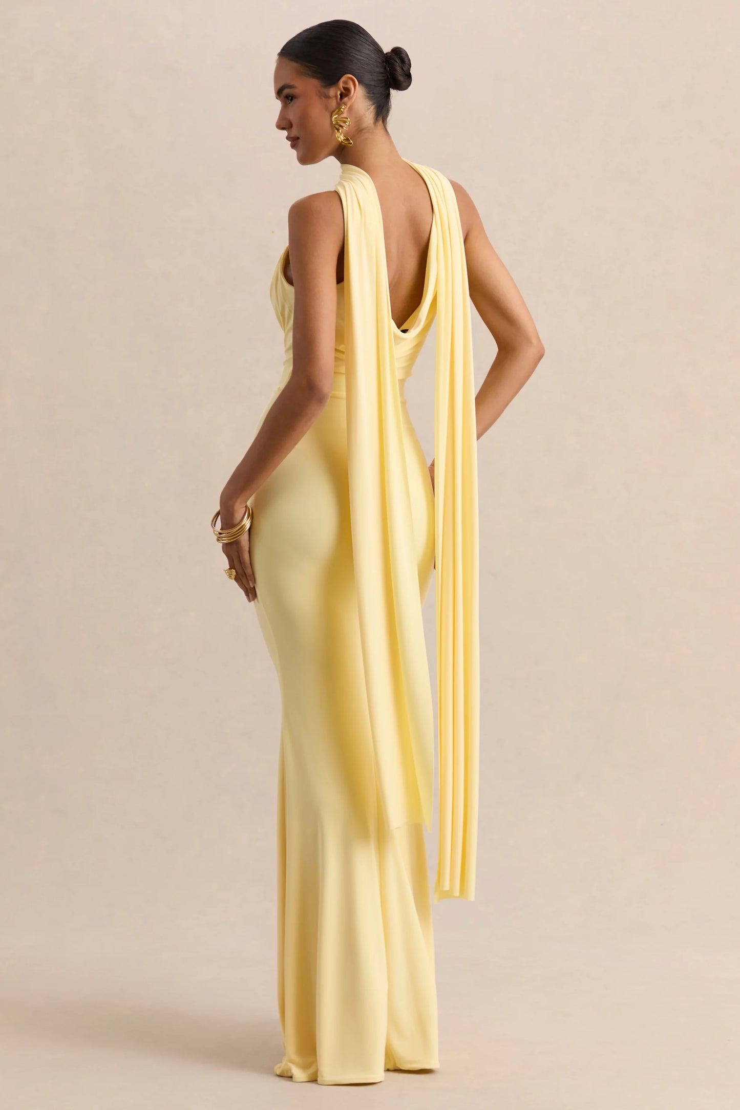 Armelia Lemon Cowl-Neck Maxi Dress With Scarf-Detail