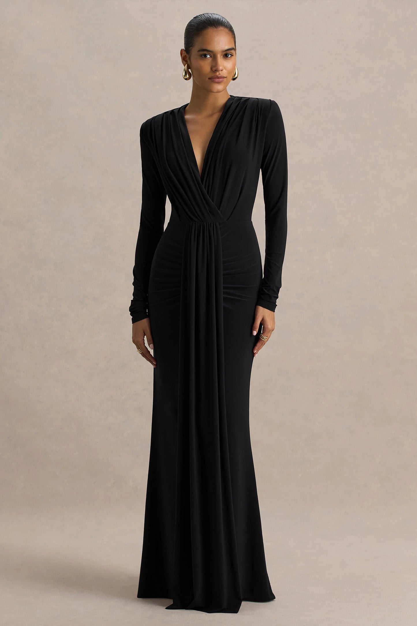 Flashy Black Plunge-Neck Maxi Dress With Ruched Detailing
