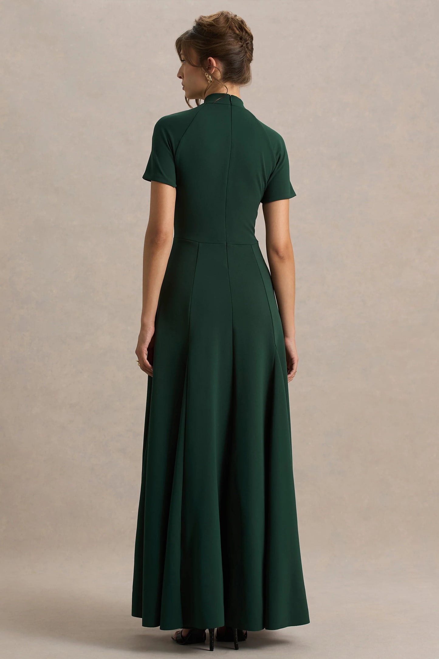 Alea Dark Green High-Neck Short-Sleeve Maxi Dress