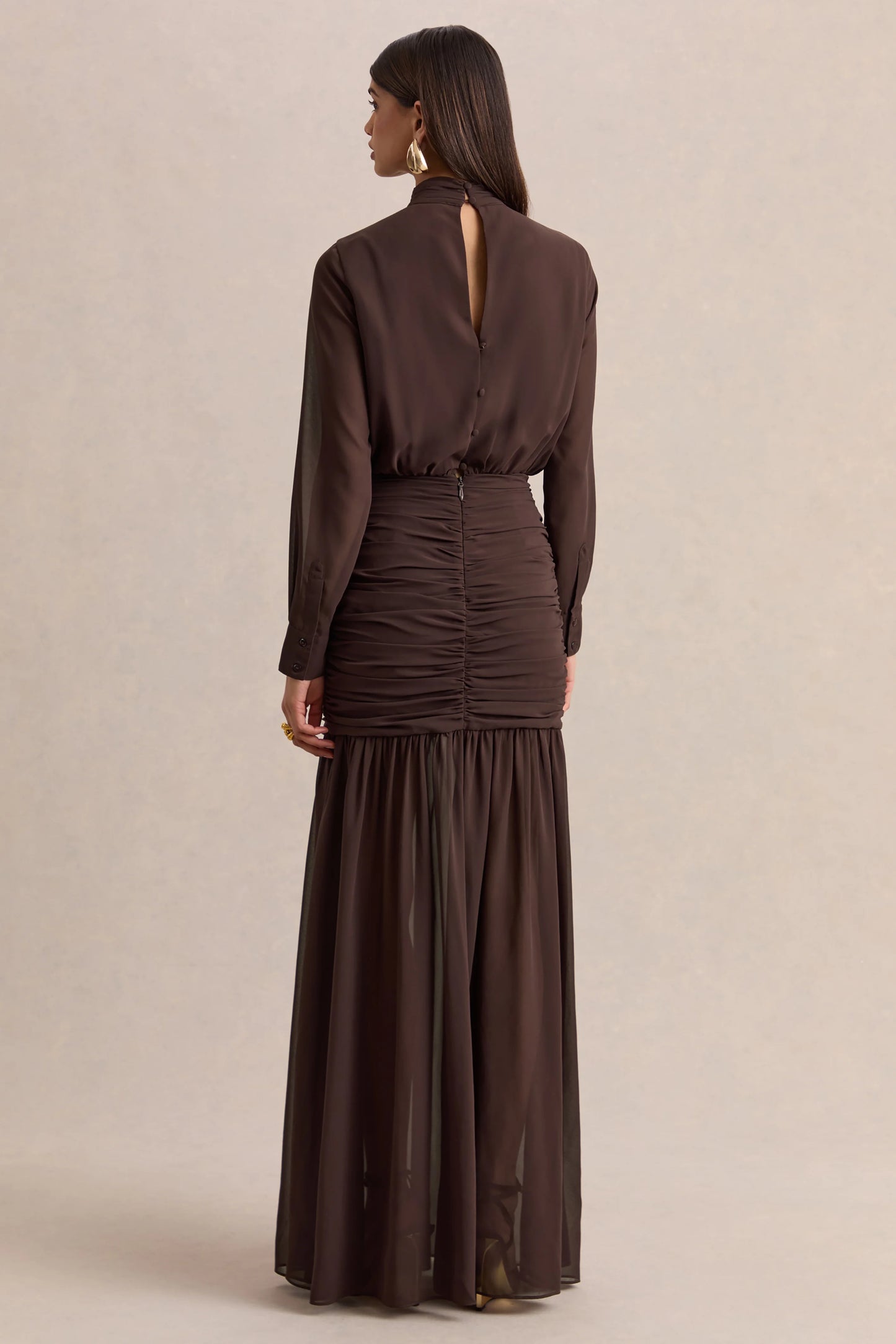 Zella Brown High-Neck Maxi Dress With Sheer-Skirt