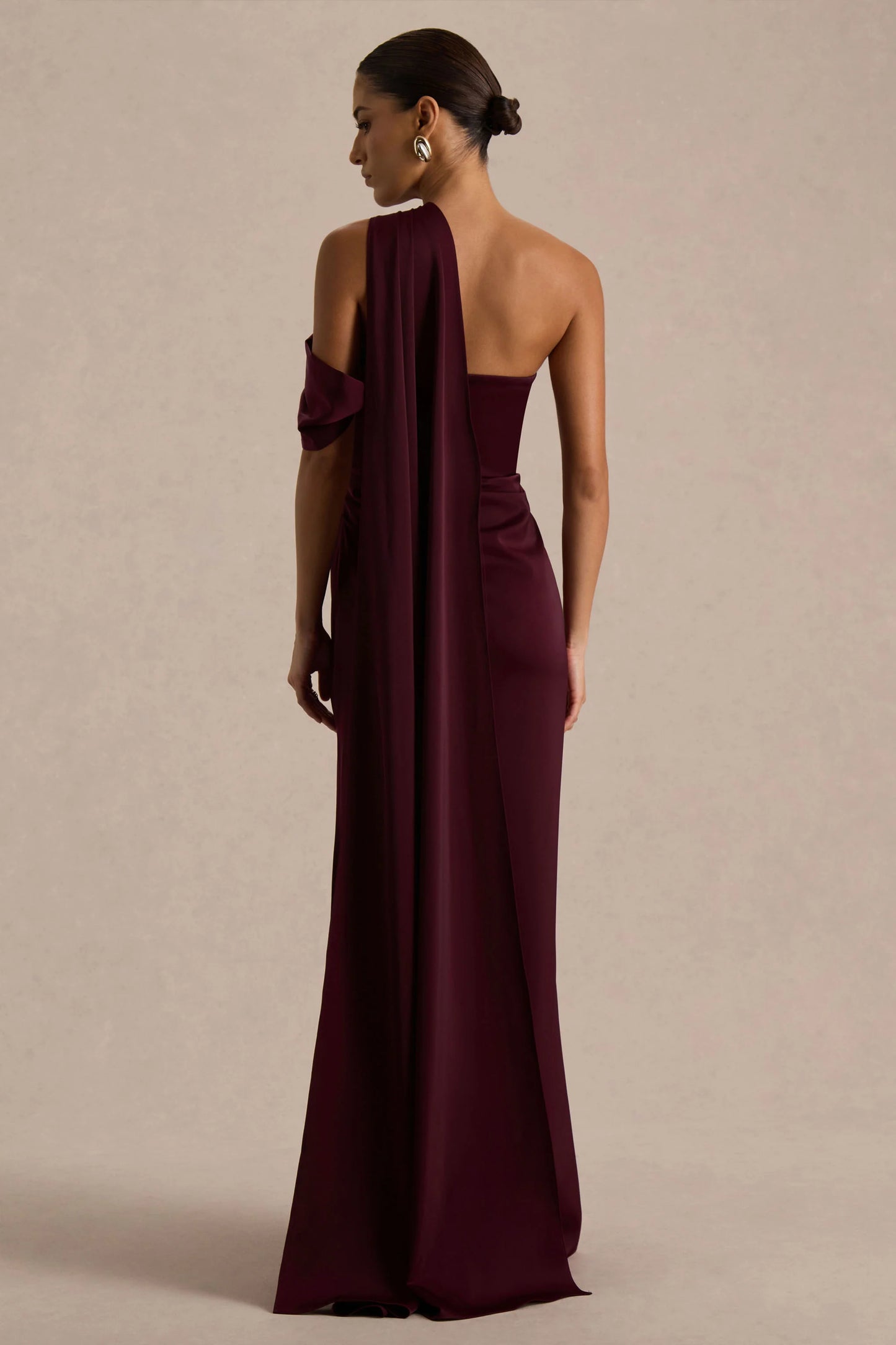 Yazmin Burgundy Satin Asymmetric Maxi Dress With One-Sleeve Cape