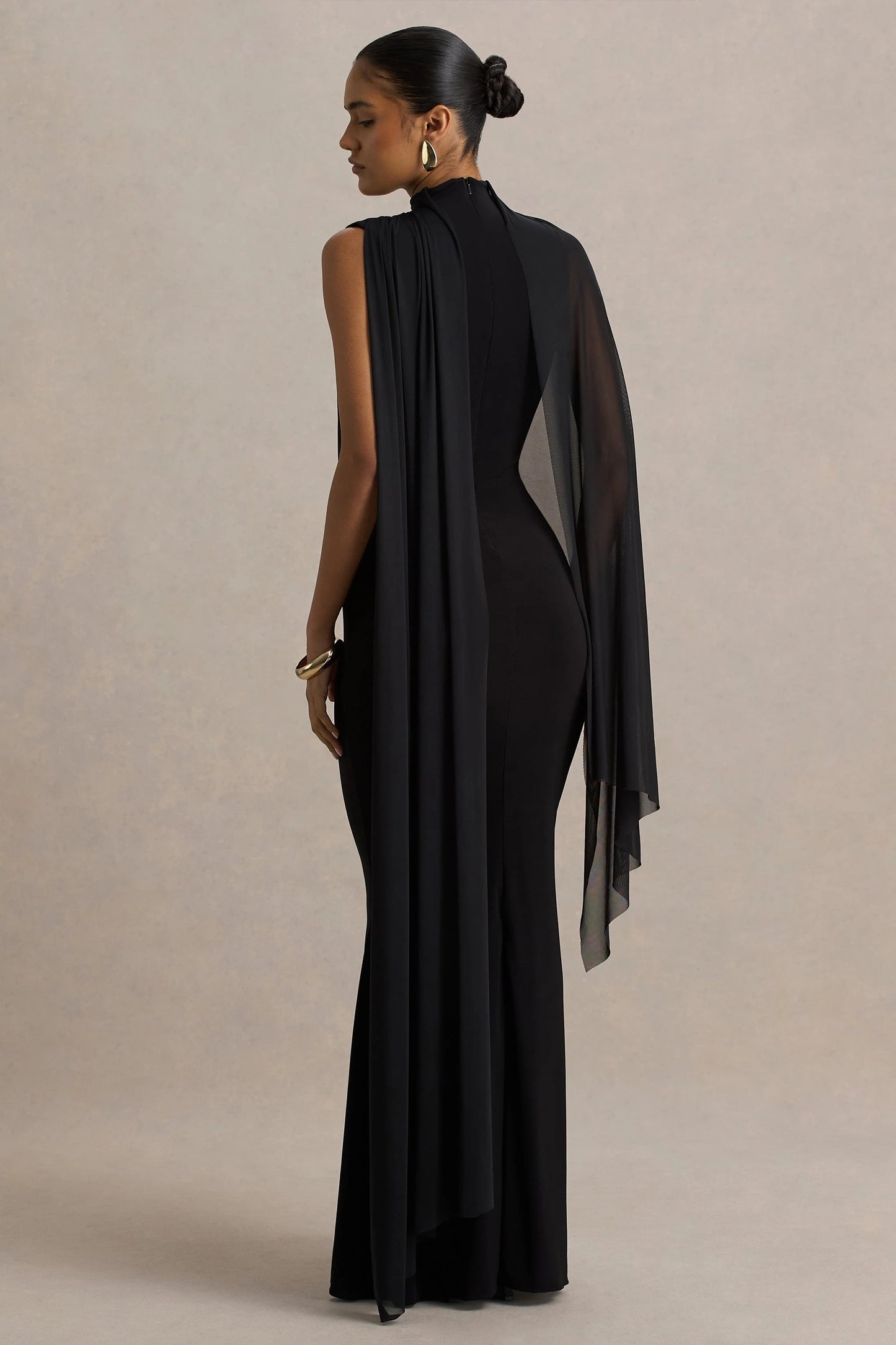 Amour Black High-Neck Maxi Dress With Cape Sleeve Detail