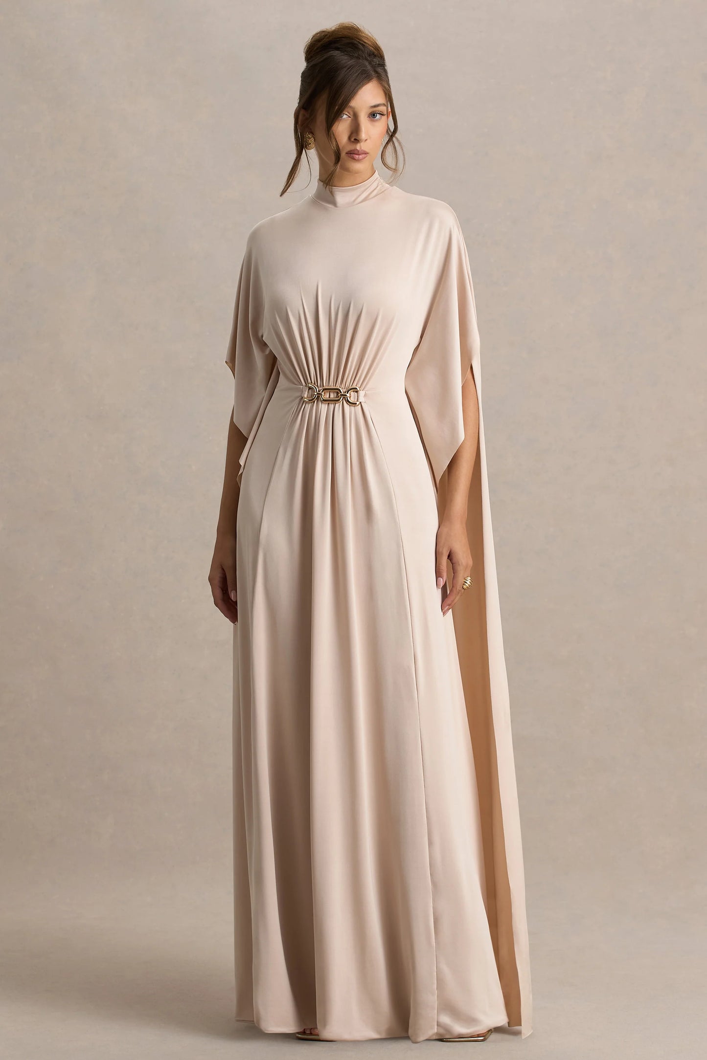Olessia Champagne Belted Gathered Cape-Sleeve Maxi Dress