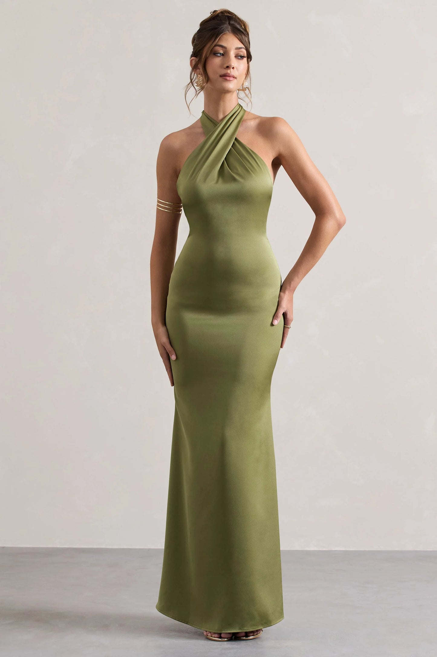 Unbeatable Olive Satin Cross Over Halter-Neck Maxi Dress