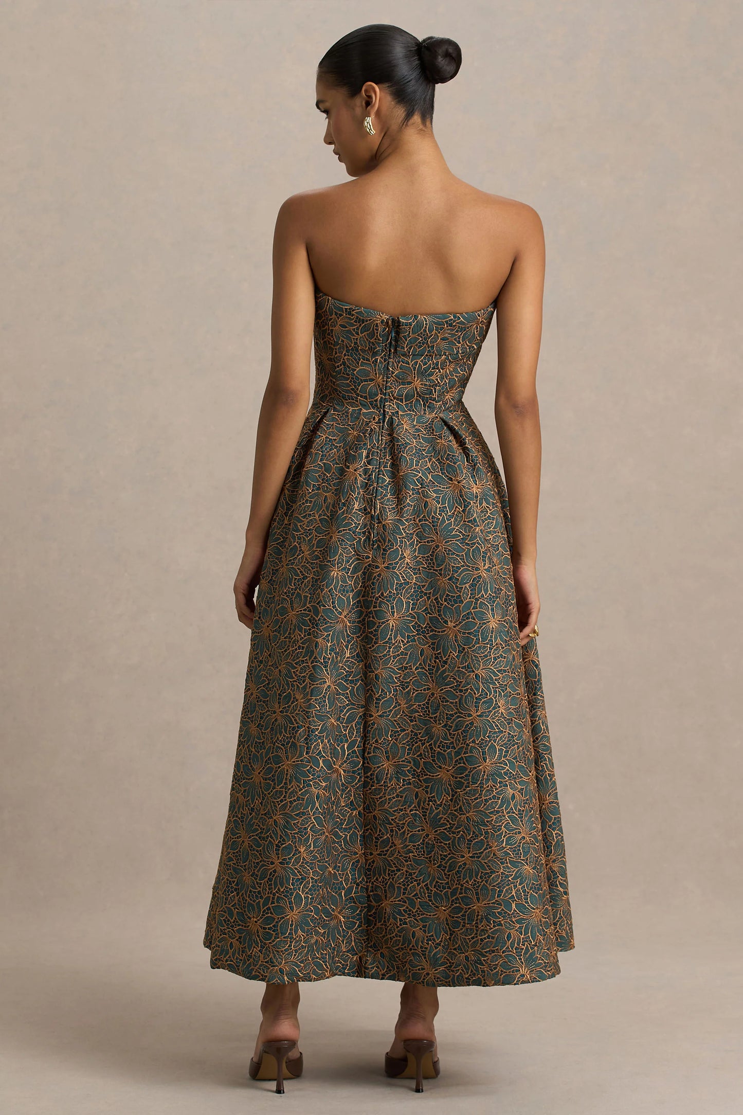 Loretta Dark Green And Rust Embroidered Bandeau Midi Dress