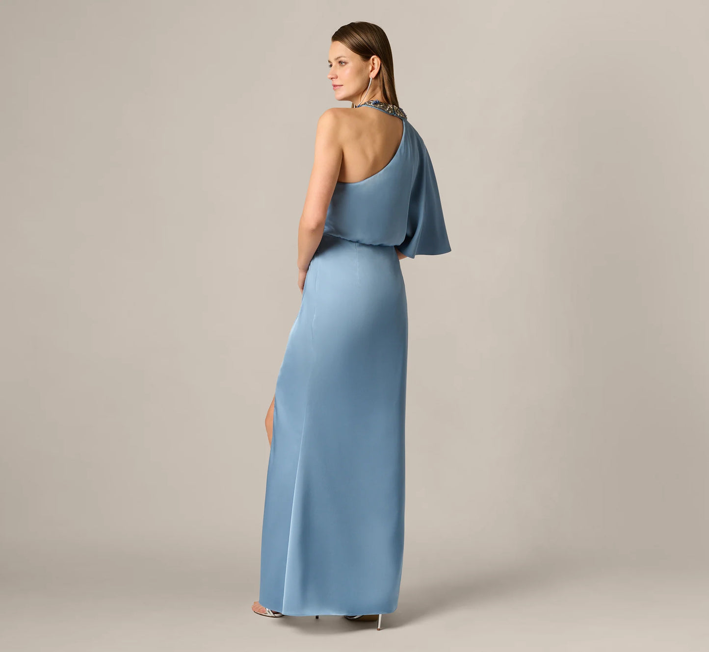 Crepe Back Satin One Shoulder Long Dress In Blue Cloud