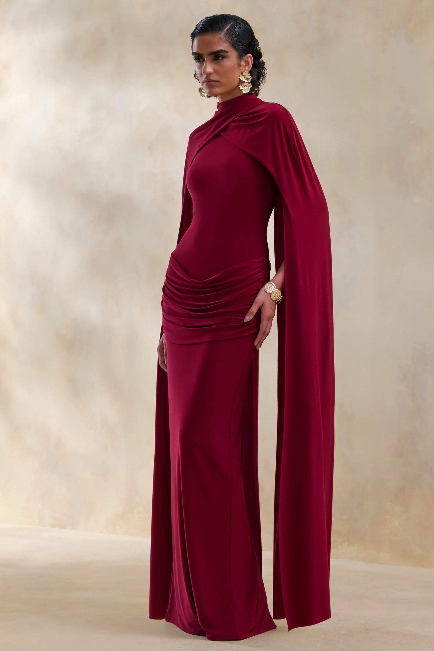 Dianelle Berry High-Neck Maxi Dress With Cape-Sleeves