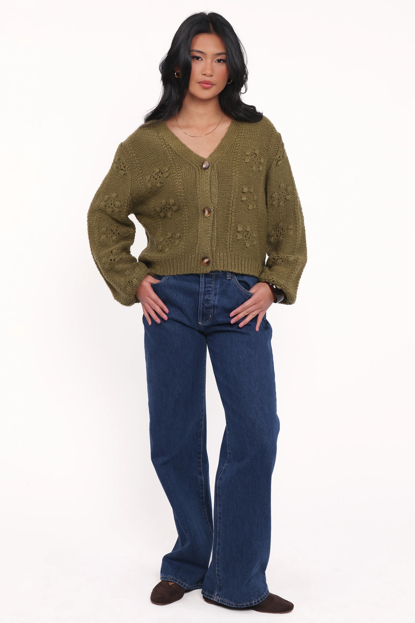 Melody Textured Button Up Cardigan - Olive