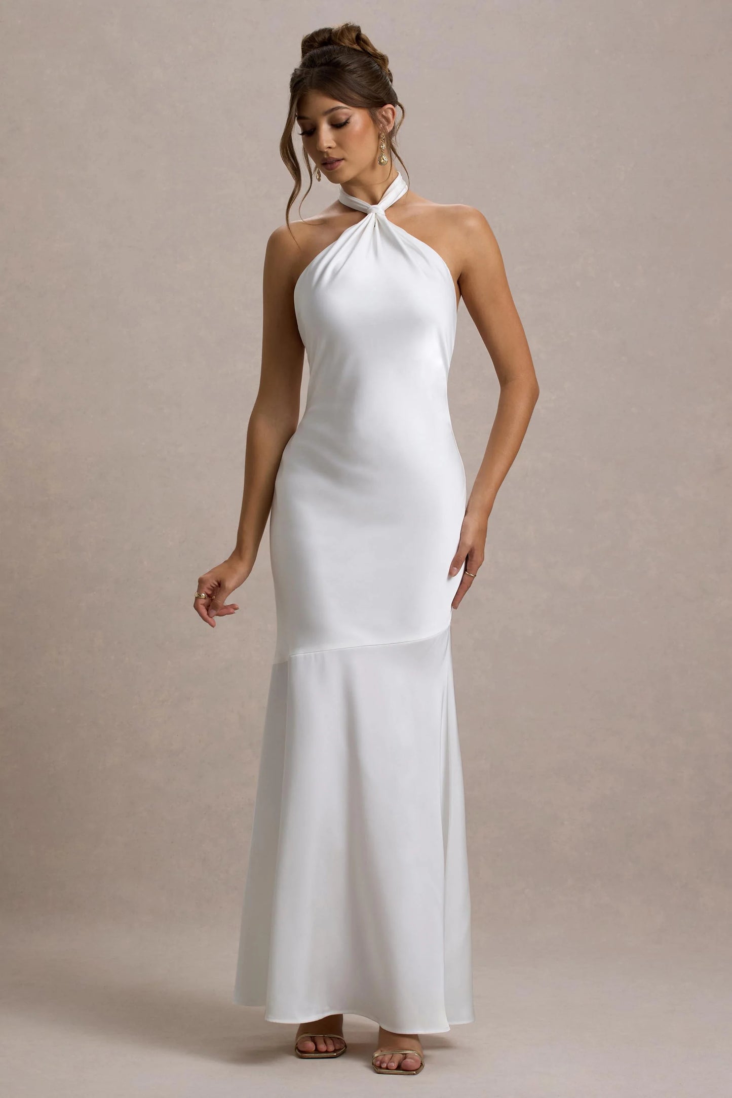 Knox White Satin Knot Halter-Neck Maxi Dress