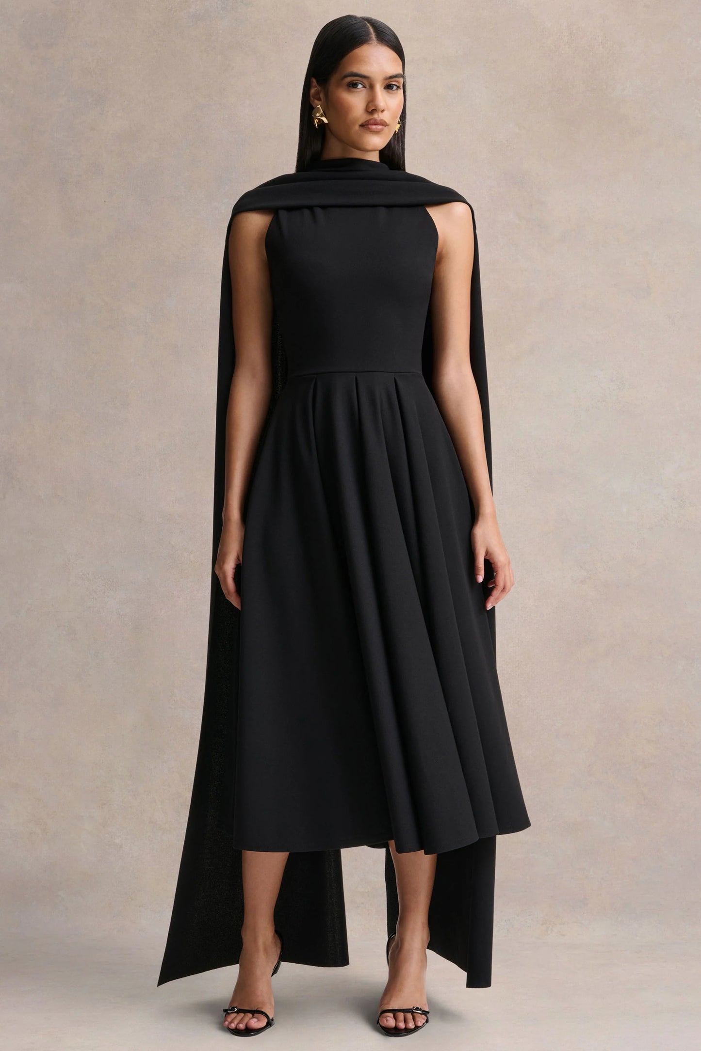 Nova Black High-Neck Midi Dress With Cape-Sleeves