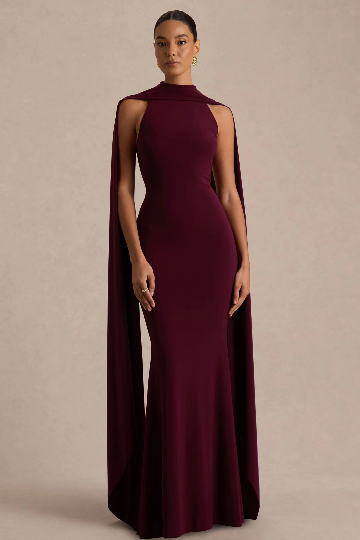 Cordy Burgundy High-Neck Maxi Dress With Scarf-Detail