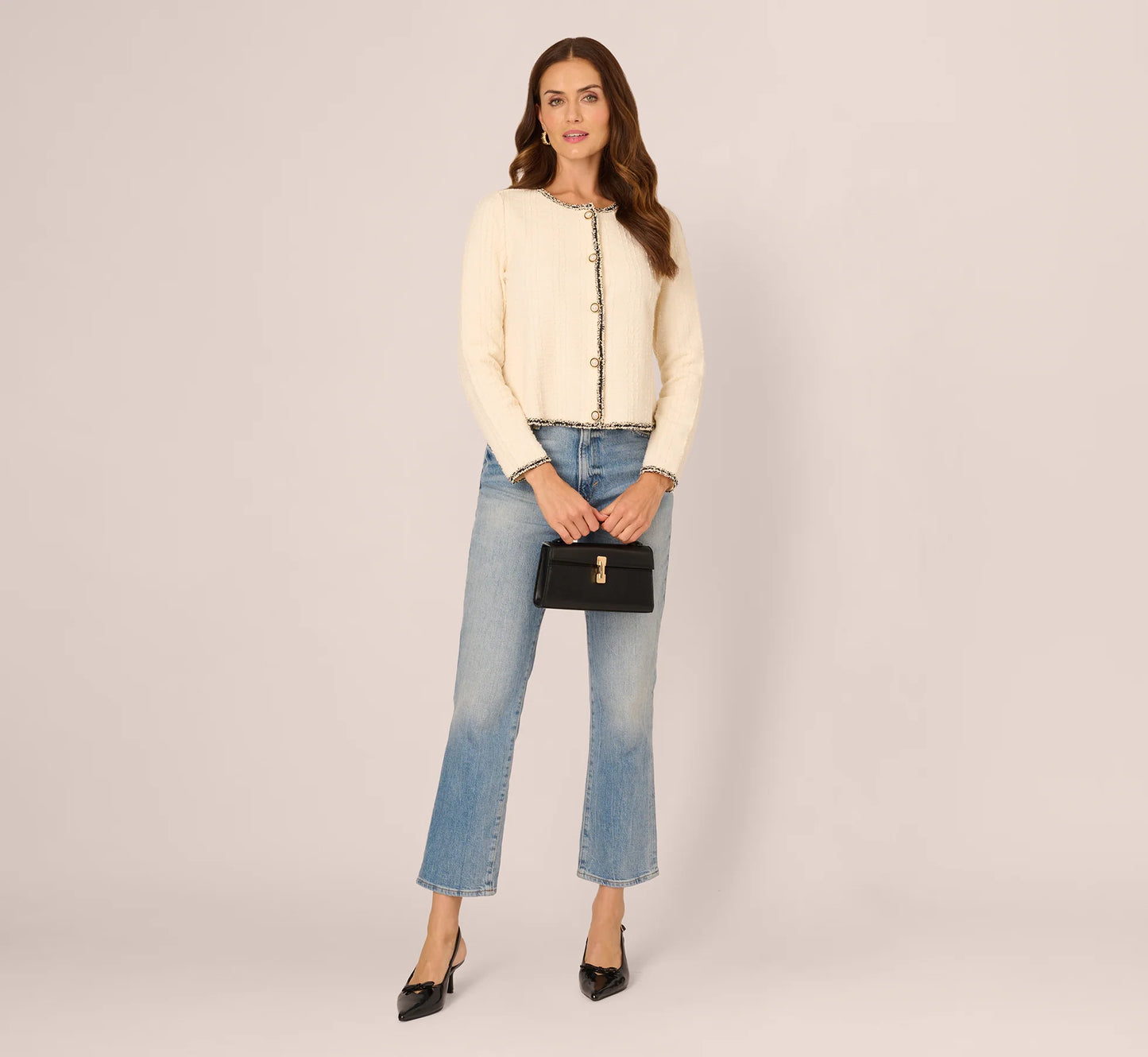 Fringe Trim Boucle Tweed Cardigan Jacket In Ivory Black