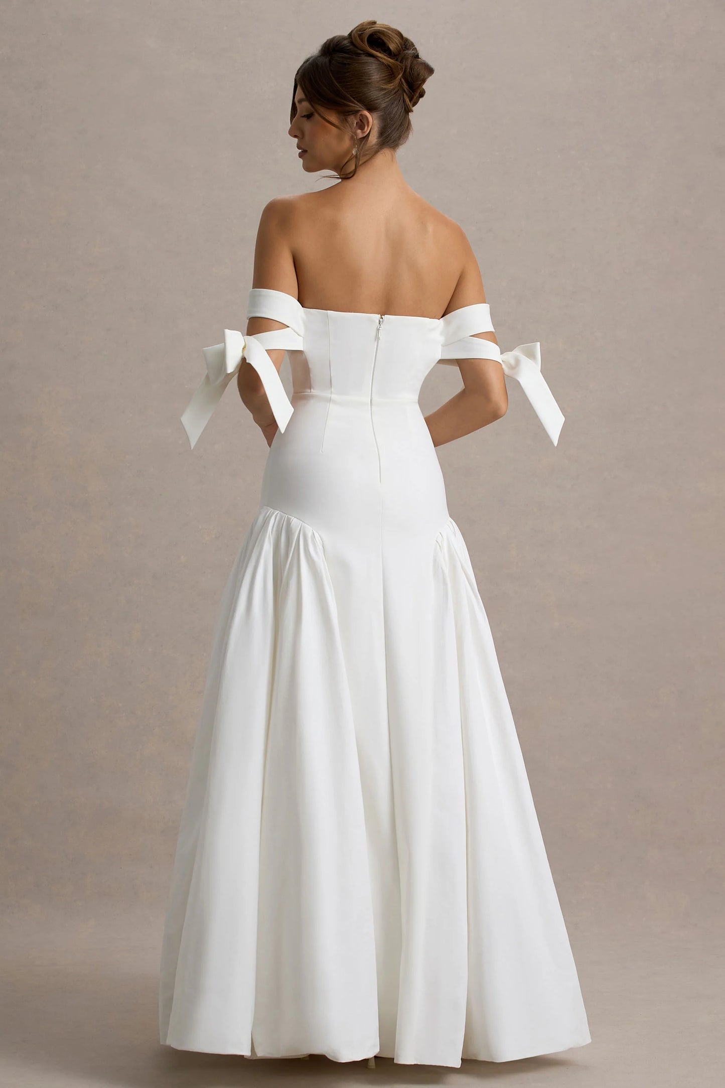 Ethel White & Cream Bardot Maxi Dress With Volume Skirt