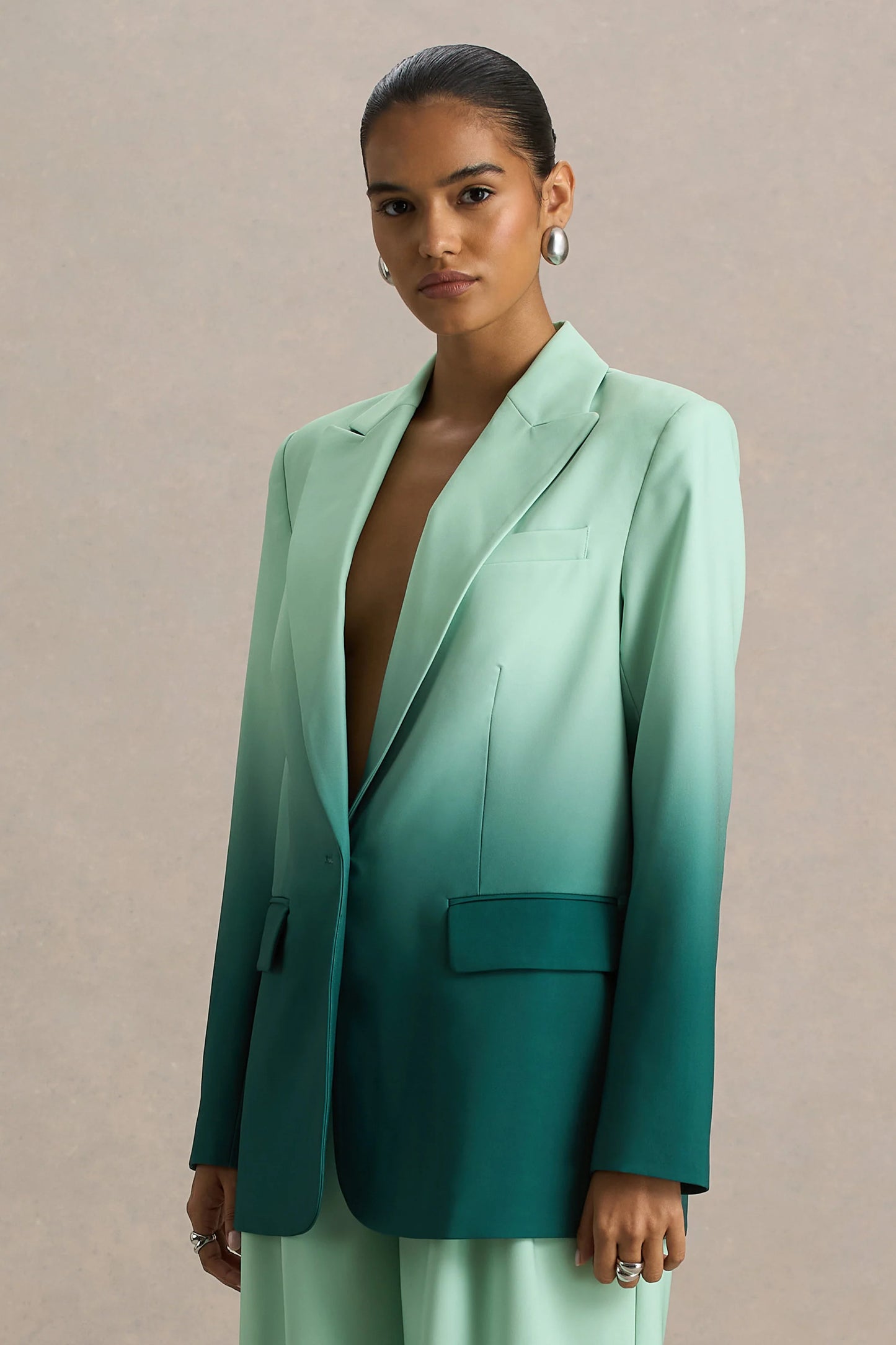 Enya Emerald Ombre Plunge-Neck Satin Blazer